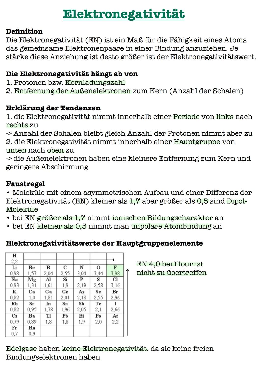 Elektronegativität
Definition
Die Elektronegativität (EN) ist ein Maß für die Fähigkeit eines Atoms
das gemeinsame Elektronenpaare in einer 