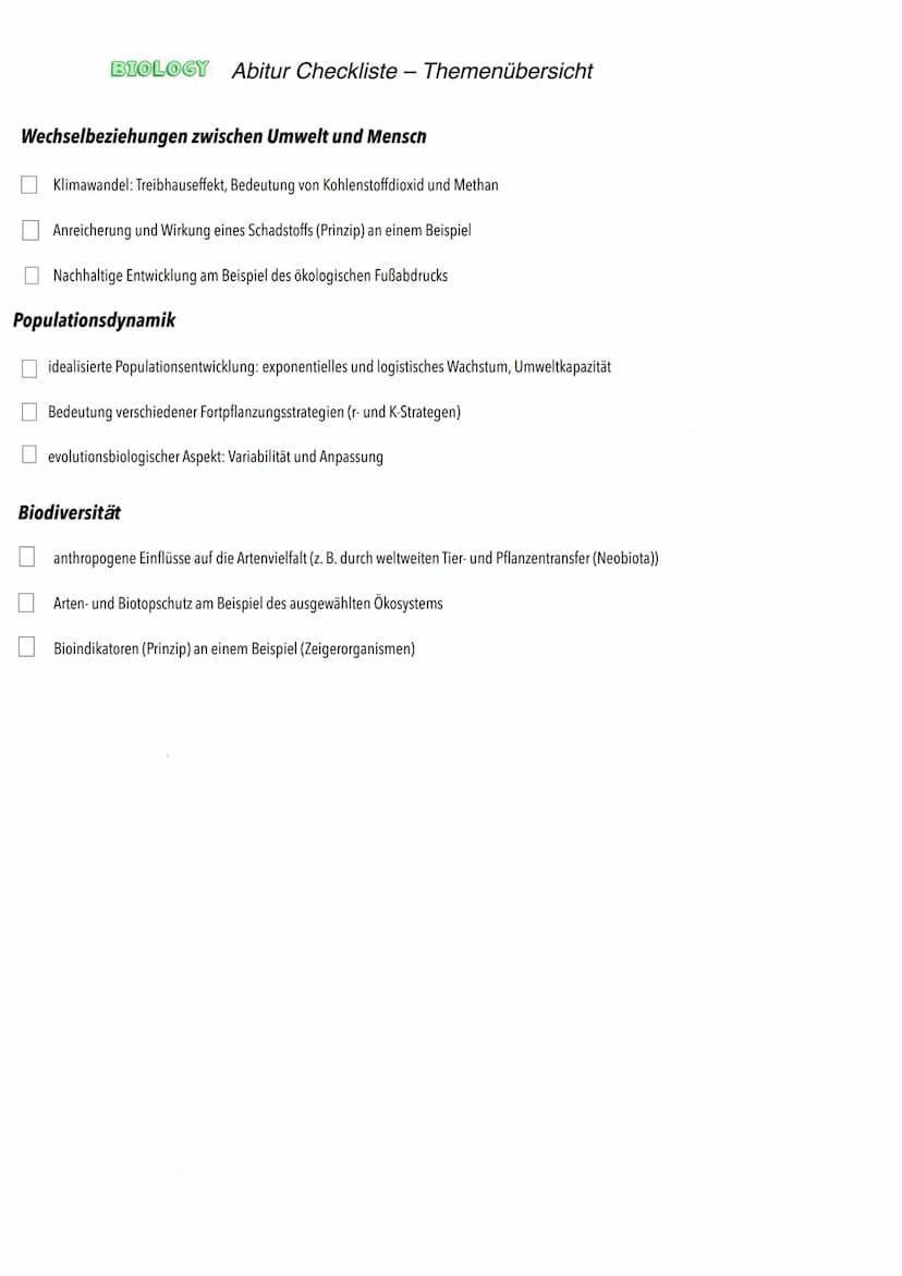Q2
Ökologie BIOLOGY Abitur Checkliste - Themenübersicht
Strukturierung von Ökosystemen an einem Beispiel
abiotische Faktoren und deren Einfl