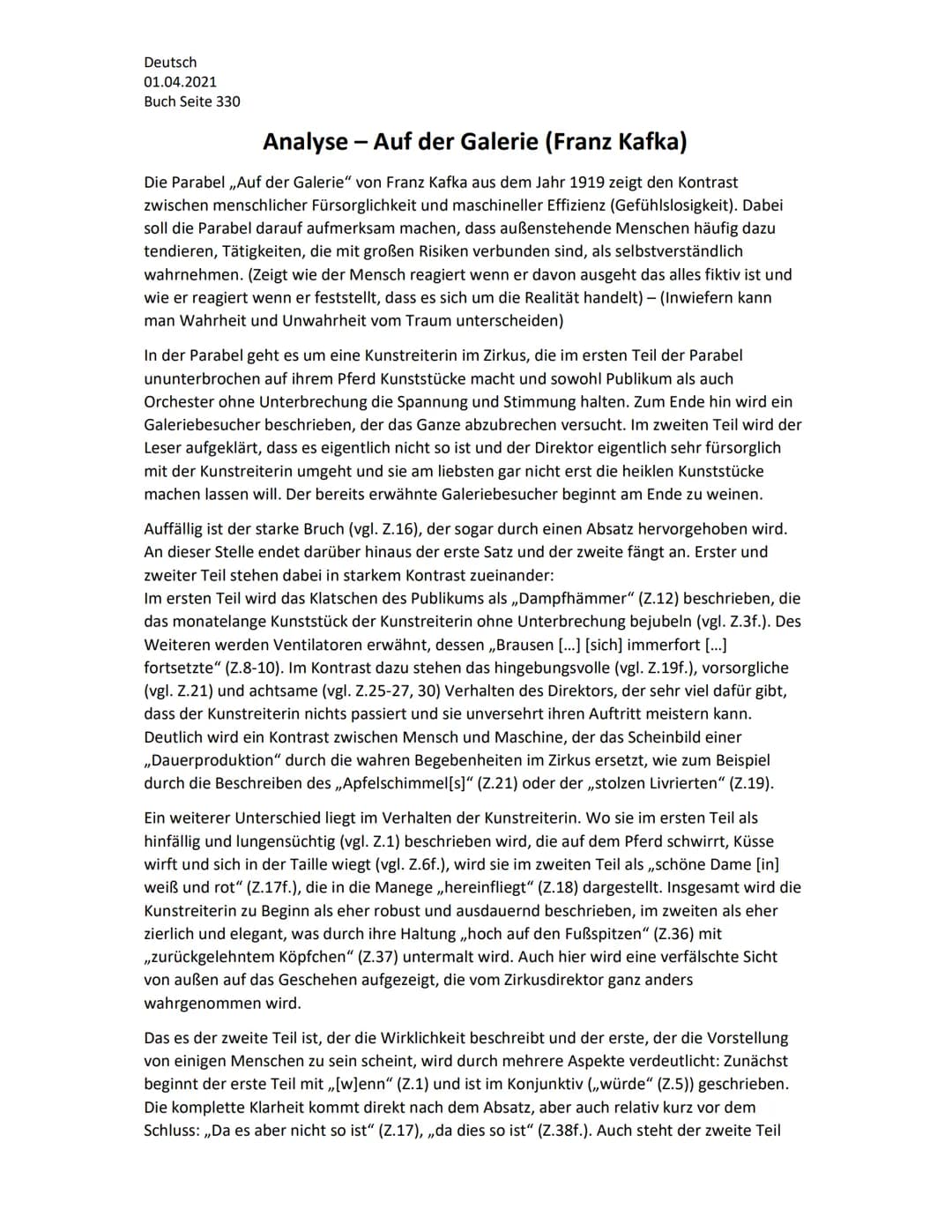 Deutsch
01.04.2021
Buch Seite 330
Analyse - Auf der Galerie (Franz Kafka)
Die Parabel ,,Auf der Galerie" von Franz Kafka aus dem Jahr 1919 z