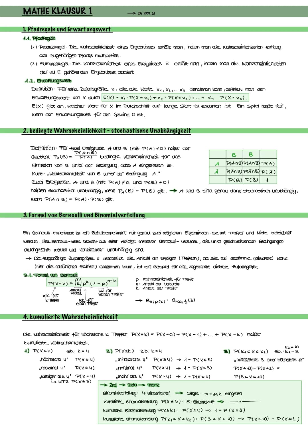MATHE KLAUSUR 1
1. Pfadregeln und Erwartungswert
4.1. Pfadregeln
(1) Produktregel: Die wahrscheinlichkeit eines Ergebnisses erhält man, inde