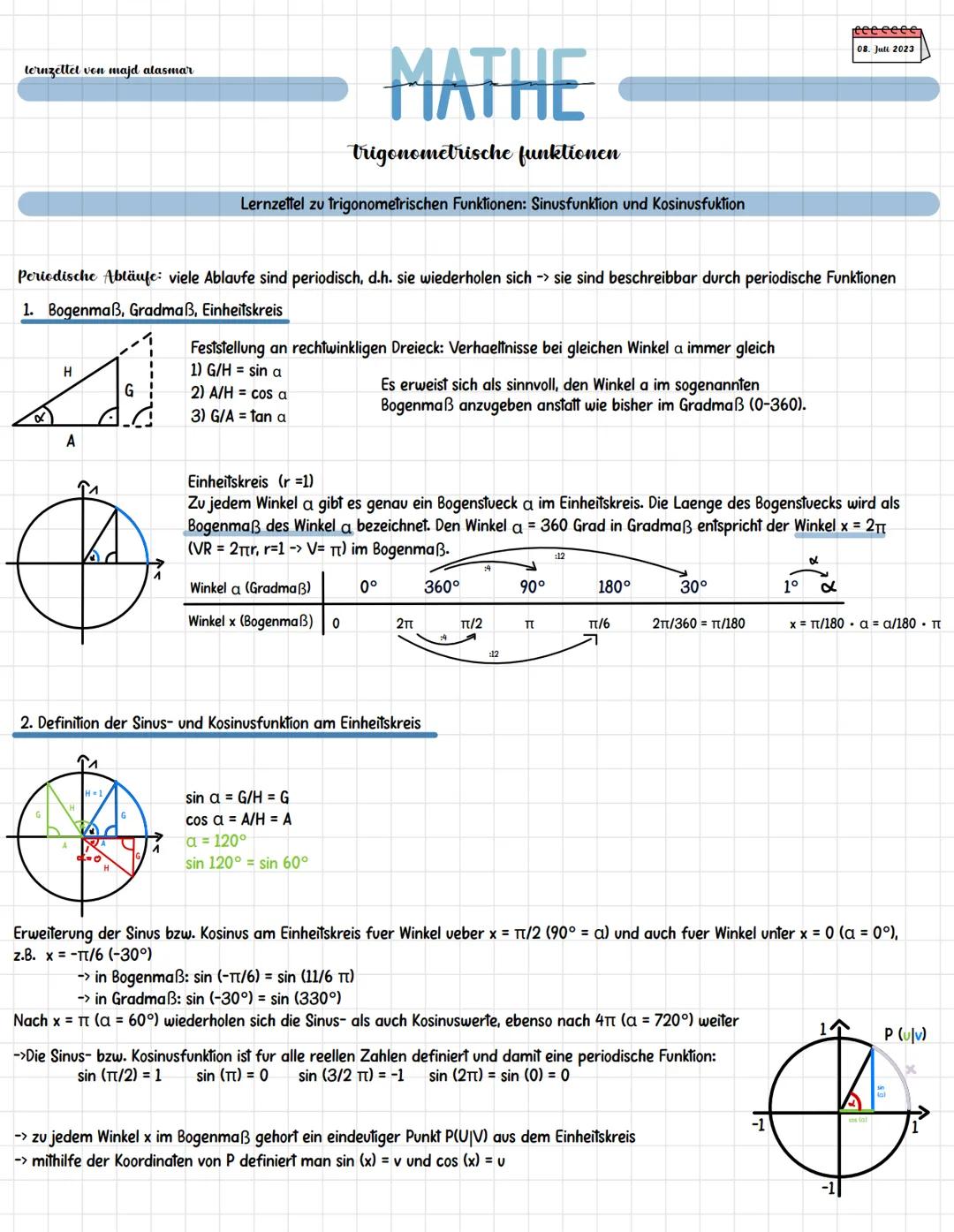 ternzettet von majd alasmar

MATHE

Trigonometrische funktionen

Lernzettel zu trigonometrischen Funktionen: Sinusfunktion und Kosinusfuktio