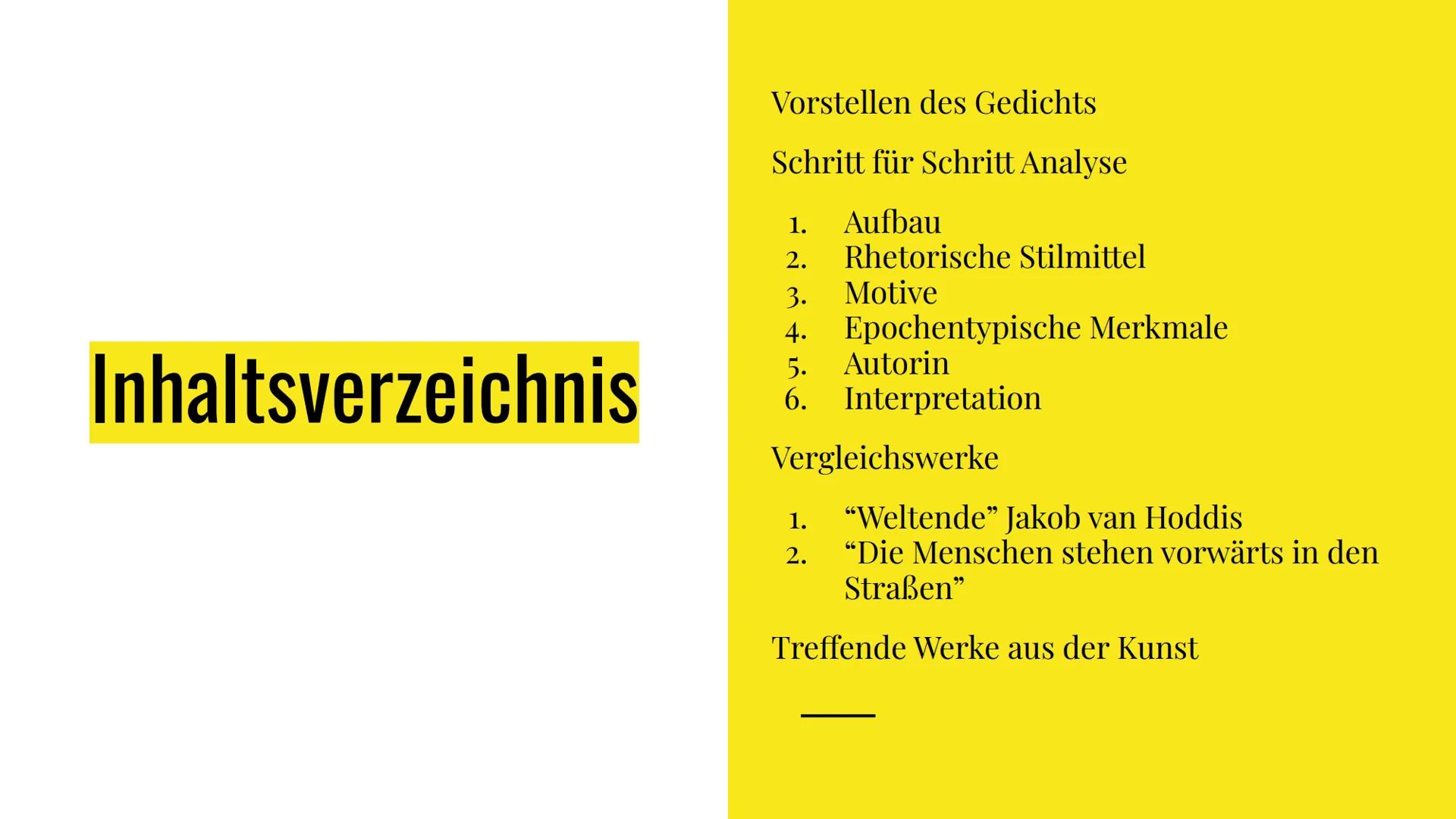 Gedichtsanalyse
Laurin, Lara, Anton, Alex, Julian, Mailin
am 6.11.23 Inhaltsverzeichnis
Vorstellen des Gedichts
Schritt für Schritt Analyse
