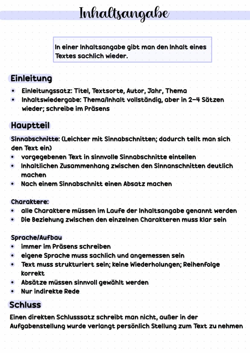 Einleitung
Einleitungssatz: Titel, Textsorte, Autor, Jahr, Thema
Inhaltswiedergabe: Thema/Inhalt vollständig, aber in 2–4 Sätzen
wieder; sch