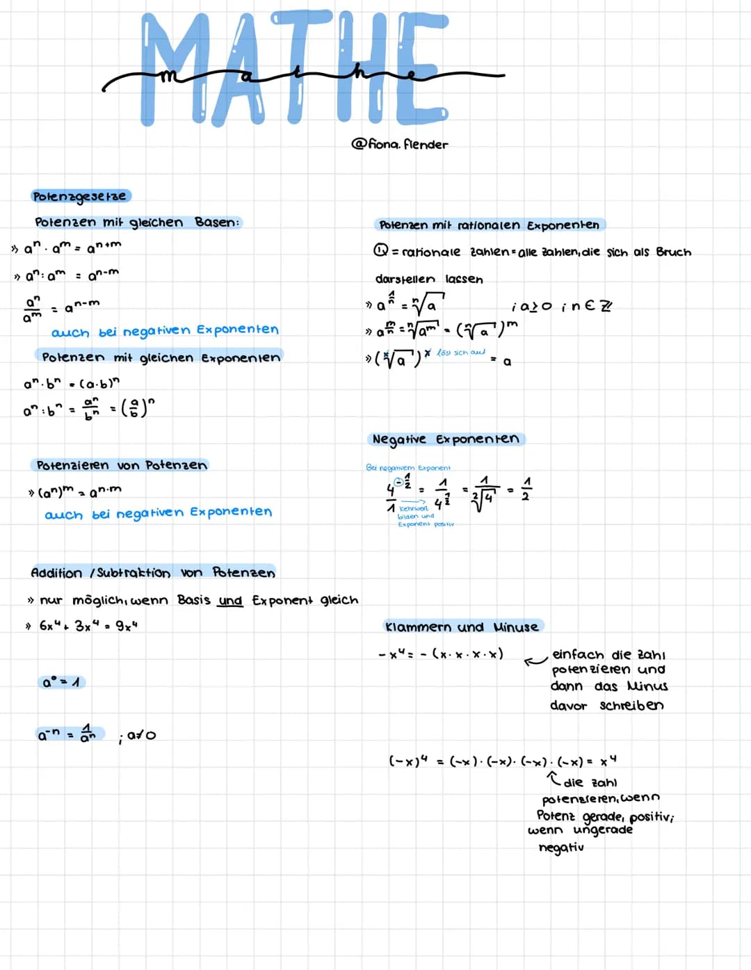 Potenzgesetze
Potenzen mit gleichen Basen:
» an aman+m
» an: aman-m
a"
am
MATHE
=an-m
auch bei negativen Exponenten
Polenzen mit gleichen Ex