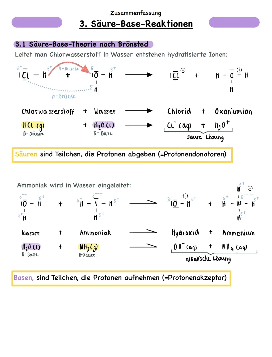 3.1 Säure-Base-Theorie nach Brönsted
Leitet man Chlorwasserstoff in Wasser entstehen hydratisierte Ionen:
8
ICL - H
H-Brücke
+
H-Brücke
Chlo