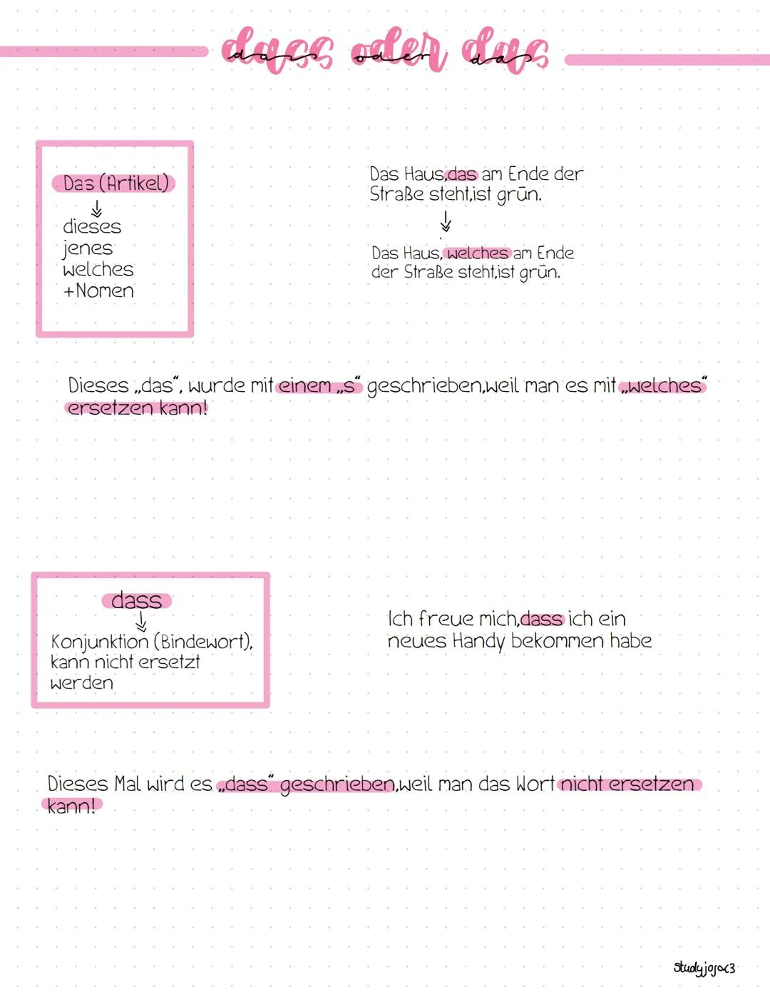 # dass oder das

Das (Artikel)
↓
dieses
jenes
welches
+Nomen

Das Haus, das am Ende der
Straße steht,ist grūn.
↓
Das Haus, welches am Ende
d