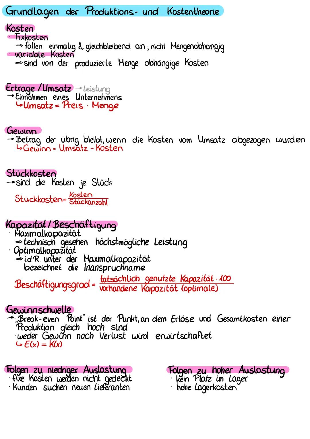 Produktionsprogramm
Teilkostenrechnung
Kostenrechnung bei der variable und fixe Kosten verrechnet werden
dient zur Überprüfung einzelner Pro