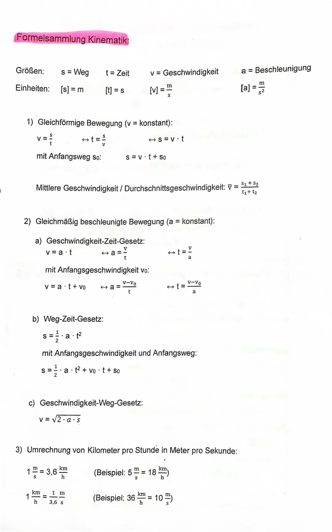 Kinematik Formelsammlung PDF: Leichte Formeln für Gleichförmige und Gleichmäßig Beschleunigte Bewegung