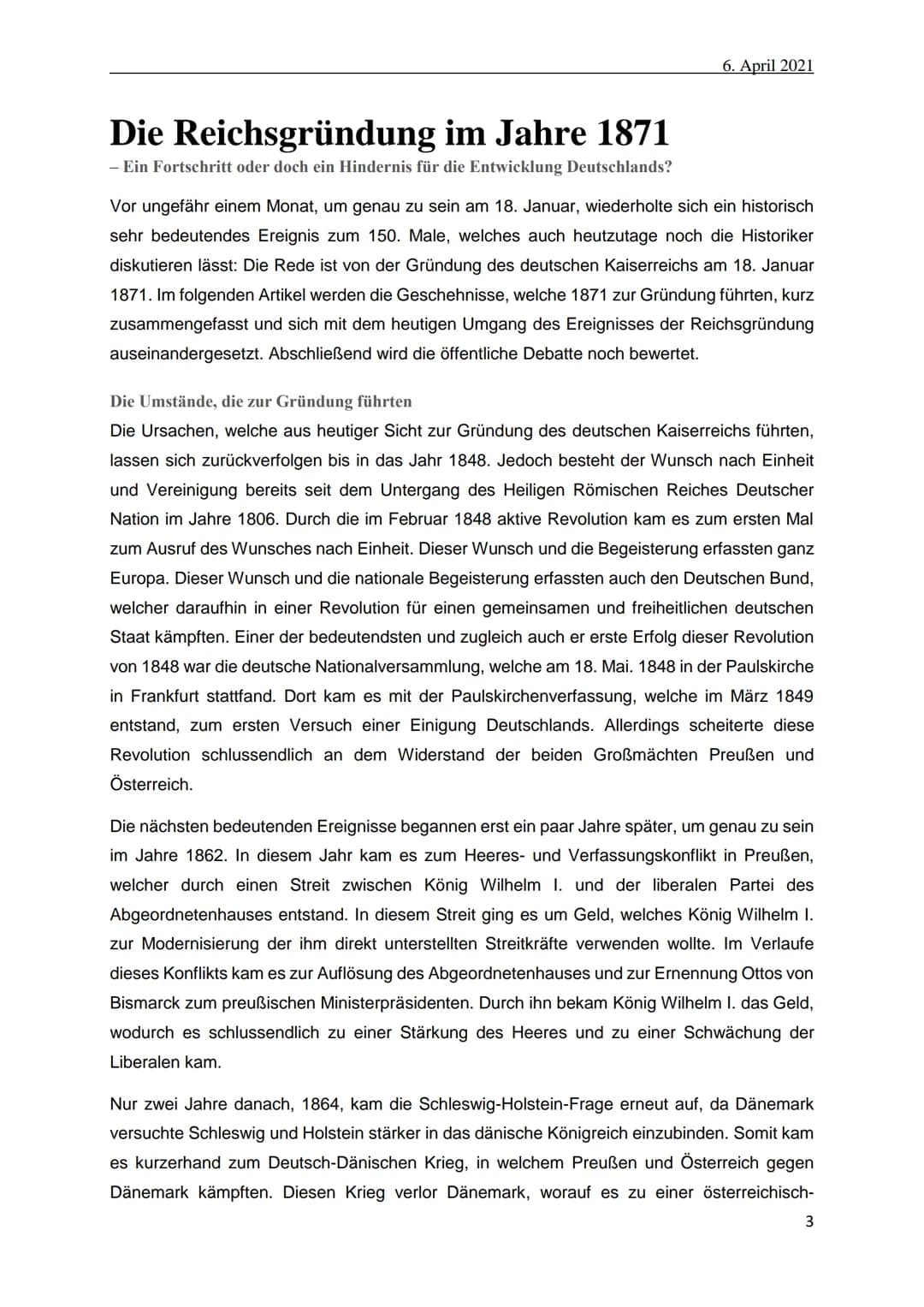 Die Reichsgründung im Jahre 1871
Ein Fortschritt oder doch ein Hindernis für die
Entwicklung Deutschlands? -
-
1. Klausur Geschichte
vorgele