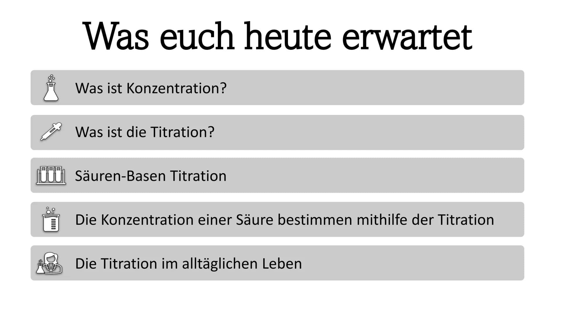 Bürettenhalter.
Bürette mit Lösung bekannter Konz.
in ml
Die Konzentration einer Säure
bestimmen mithilfe der Titration
Ein Referat von Jana