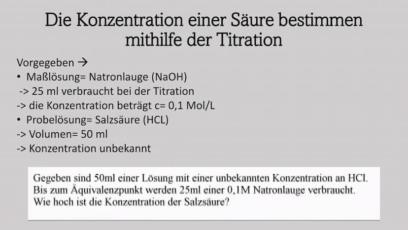 Bürettenhalter.
Bürette mit Lösung bekannter Konz.
in ml
Die Konzentration einer Säure
bestimmen mithilfe der Titration
Ein Referat von Jana