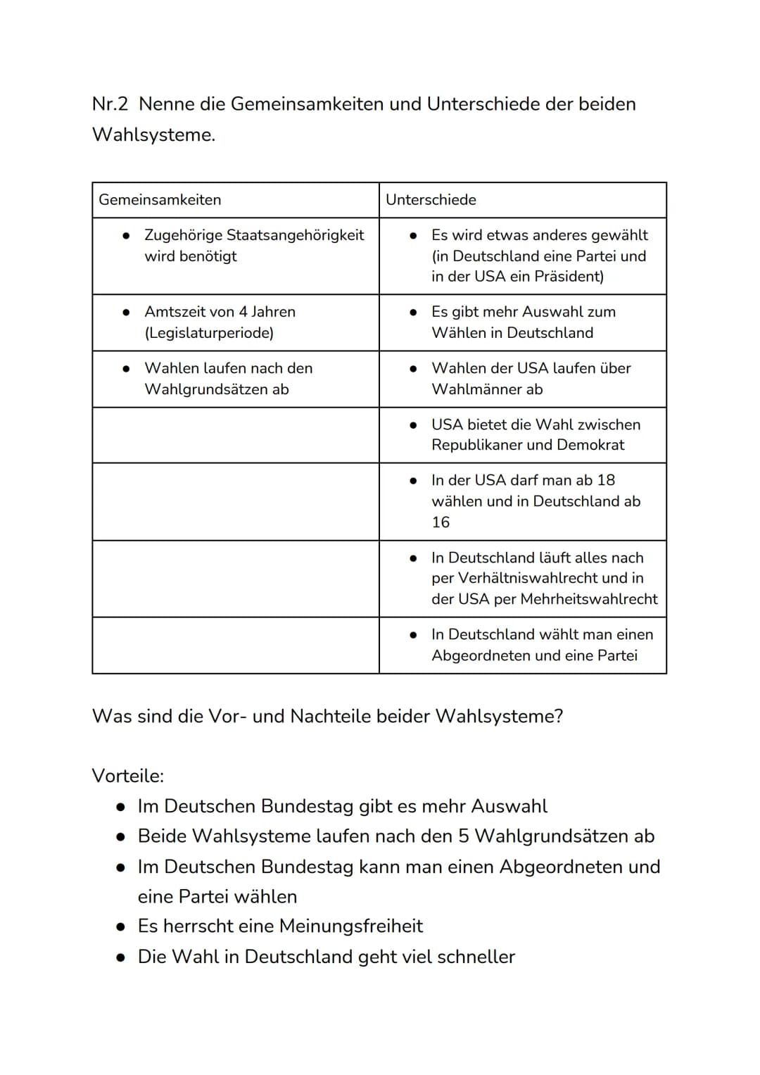 Deutsches Wahlsystem vs. Amerikanisches
Wahlsystem
Nr.1 Vergleiche das Deutsche und das Amerikanische Wahlsystem
miteinander! (Stichpunkte r