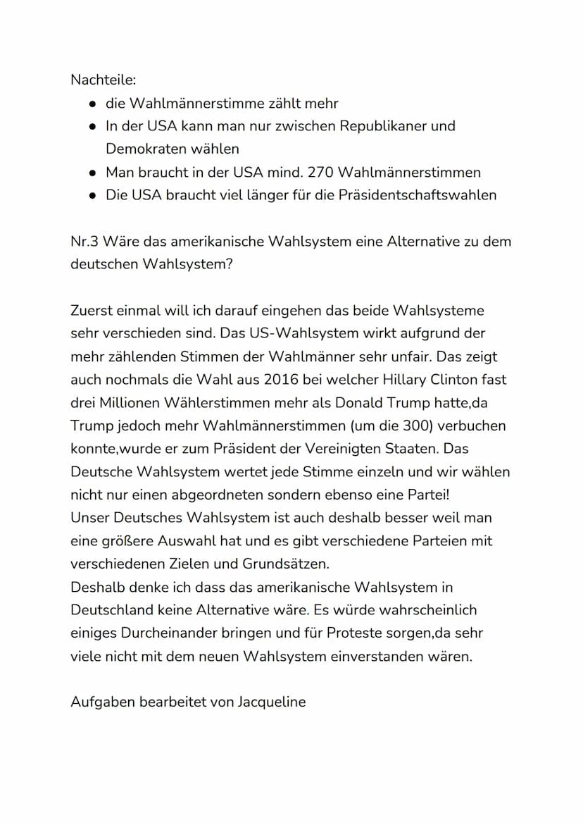 Deutsches Wahlsystem vs. Amerikanisches
Wahlsystem
Nr.1 Vergleiche das Deutsche und das Amerikanische Wahlsystem
miteinander! (Stichpunkte r
