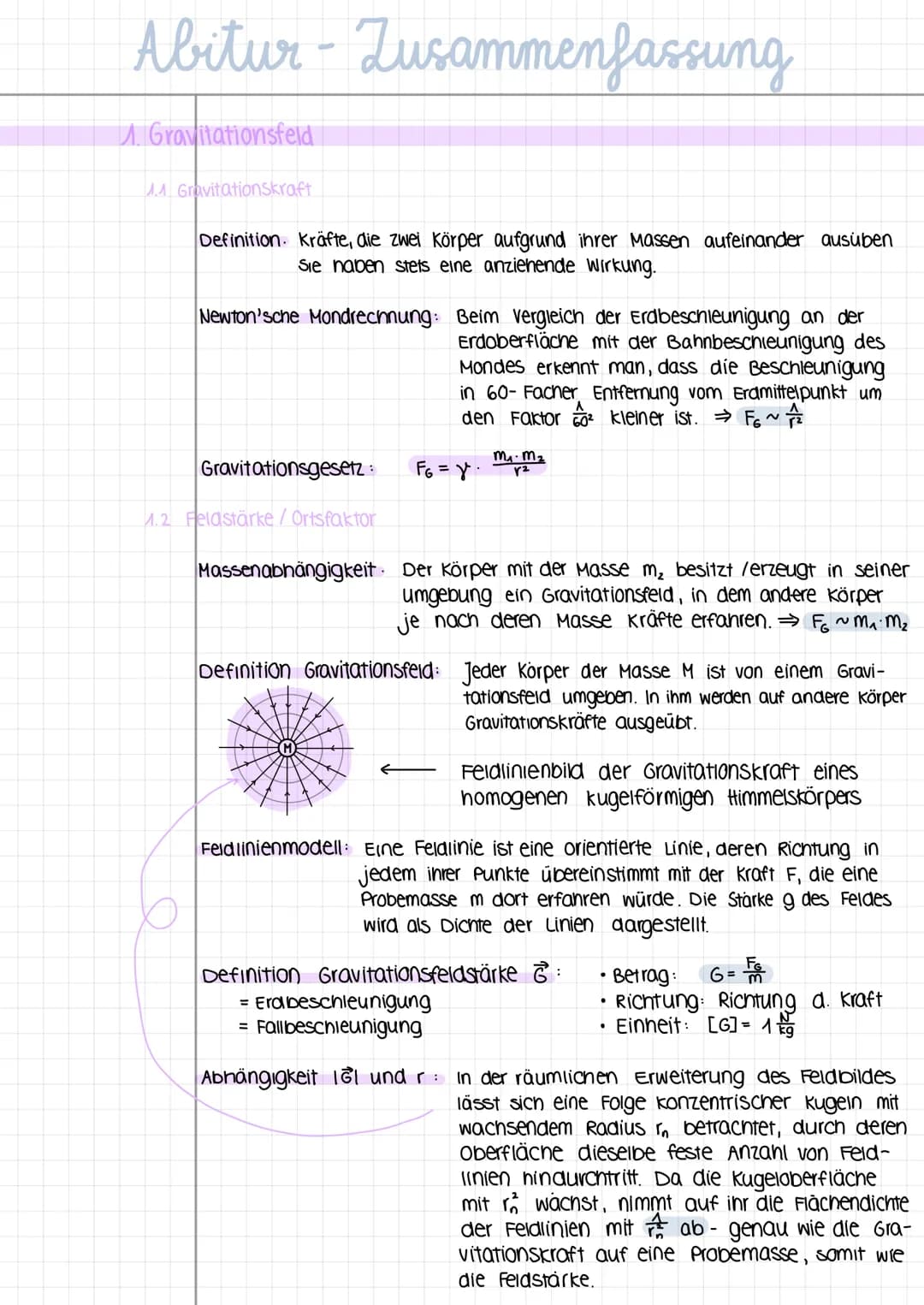 Abitur-Zusammenfassung
1. Gravitationsfeld
1.1 Gravitationskraft
Definition. Kräfte, die zwei Körper aufgrund ihrer Massen aufeinander ausüb