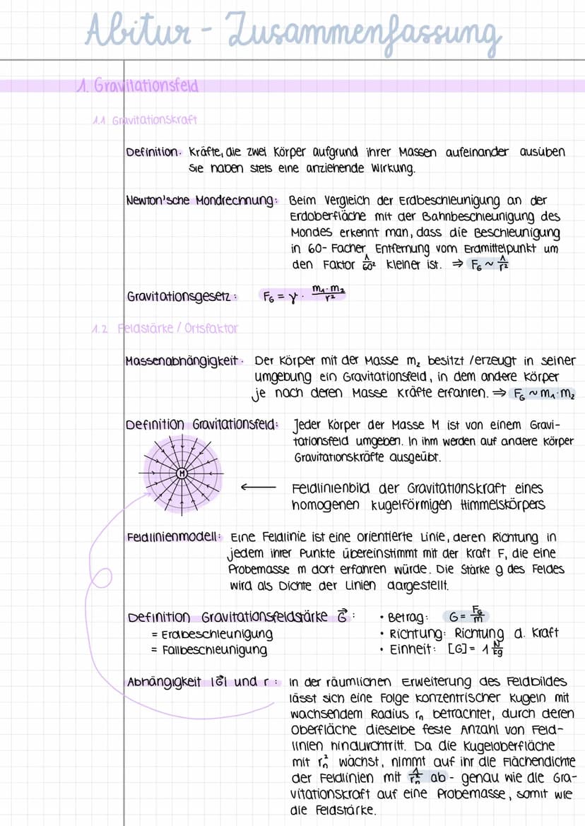 Abitur-Zusammenfassung
1. Gravitationsfeld
1.1 Gravitationskraft
Definition. Kräfte, die zwei Körper aufgrund ihrer Massen aufeinander ausüb