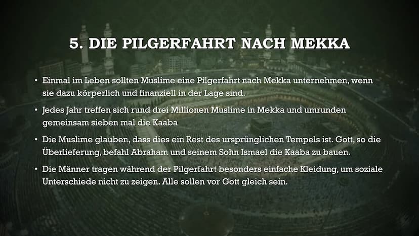 DIE FÜNF SÄULEN DES
ISLAM GLIEDERUNG
●
1 Säule: Das Glaubensbekenntnis
●
• 2 Säule: Das Gebet
• 3 Säule: Almosen(Gabe)
●
4 Säule: Fasten im 
