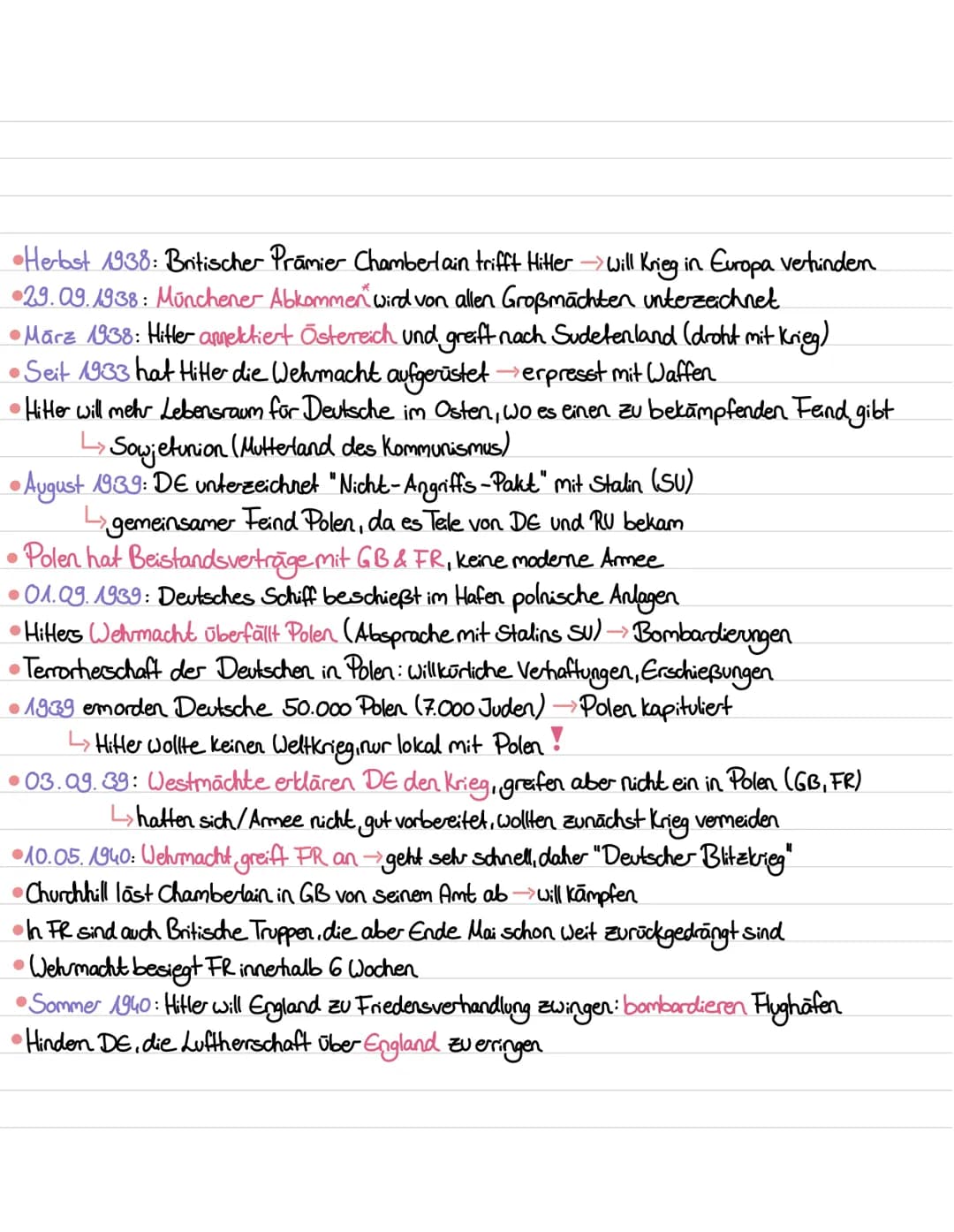 1938: Münchener Abkommen →Sudetenland an DE abtreten
Reichsprogromnacht 09./10.11.
1939: Pakt mit Stalin → 01.09.39 beginnt Krieg mit Angrif