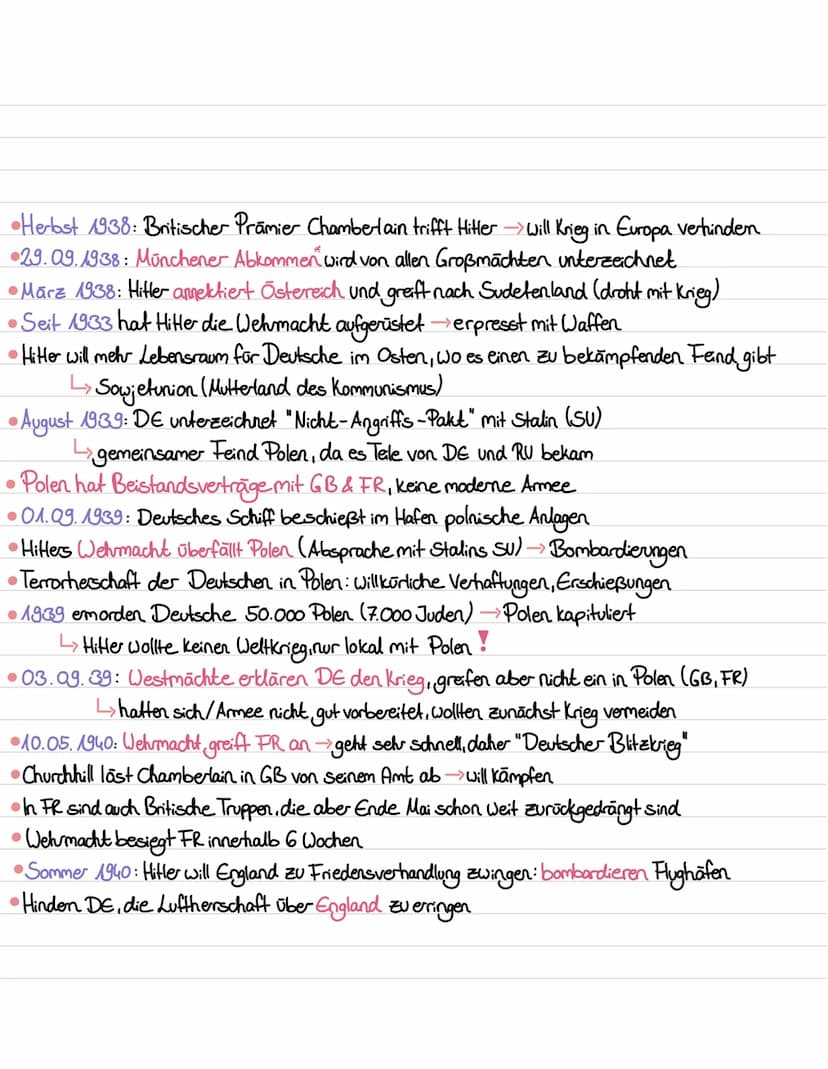 1938: Münchener Abkommen →Sudetenland an DE abtreten
Reichsprogromnacht 09./10.11.
1939: Pakt mit Stalin → 01.09.39 beginnt Krieg mit Angrif