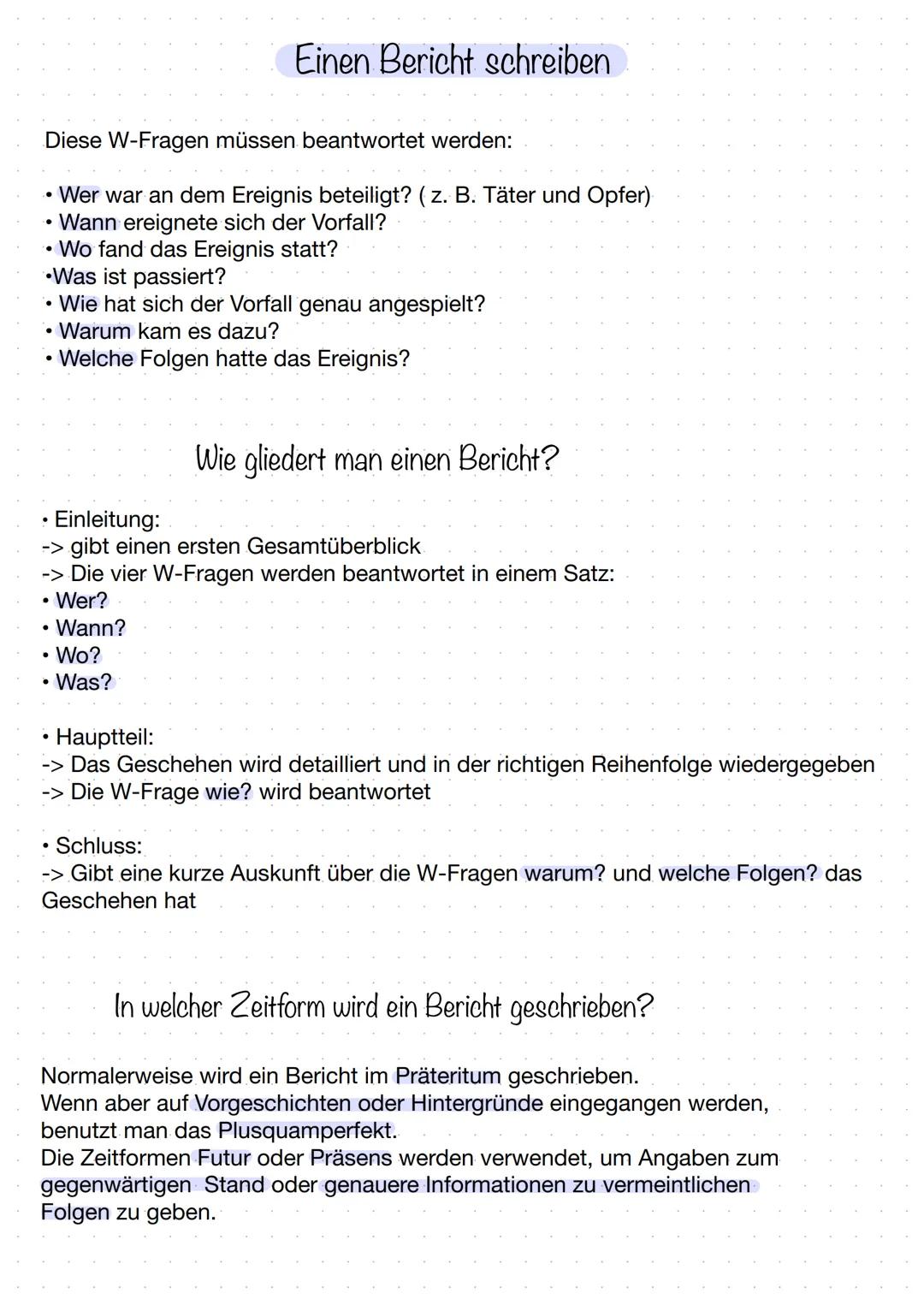 Diese W-Fragen müssen beantwortet werden:
• Wer war an dem Ereignis beteiligt? (z. B. Täter und Opfer)
• Wann ereignete sich der Vorfall?
• 