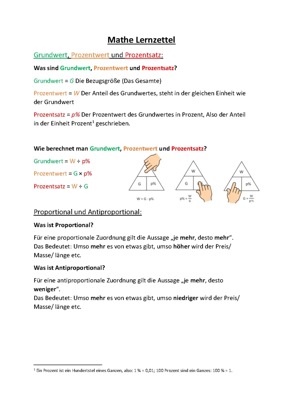 Grundwert, Prozentwert, Prozentsatz und Proportionale und antiproportionale Zuordnungen
