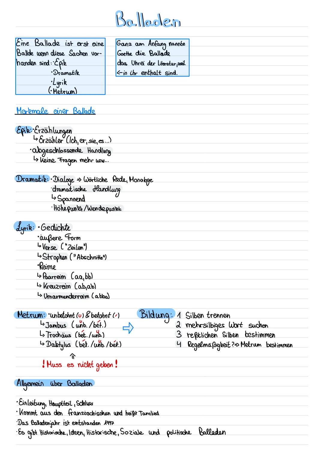 Eine Ballade ist erst eine
Ballde wenn diese Sachen vor-
handen sind: C
d: Epik
•Dramatik
Lyrik
(Metrum)
Merkmale einer Ballade
Epik: Erzähl