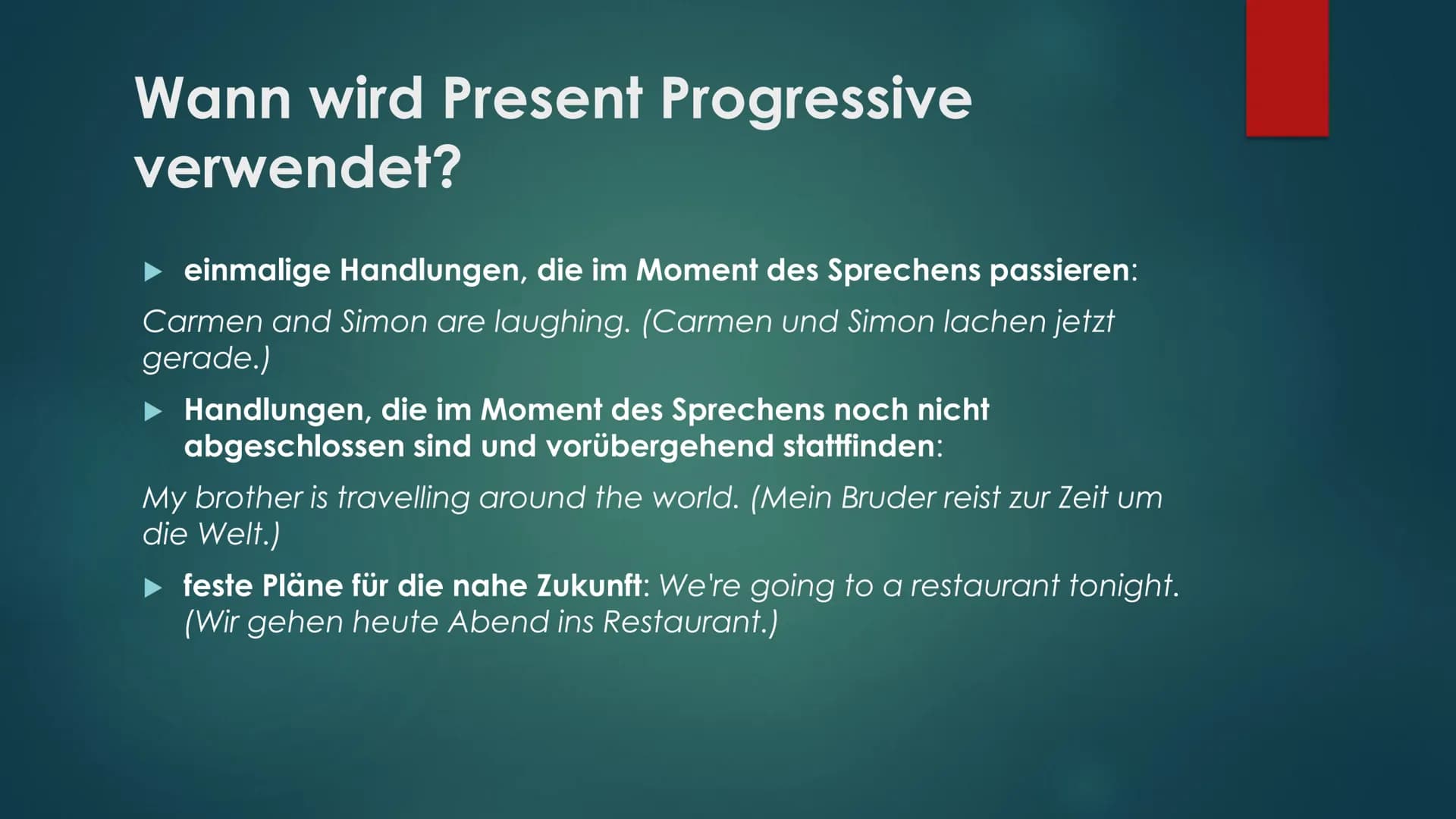 PRESENT
PROGRASSIVE Gliederung
► 1. Was ist das Present Progressive?
► 2. Wann wird Present Progressive verwendet?
▸
Zusammenfassung:
ze ich