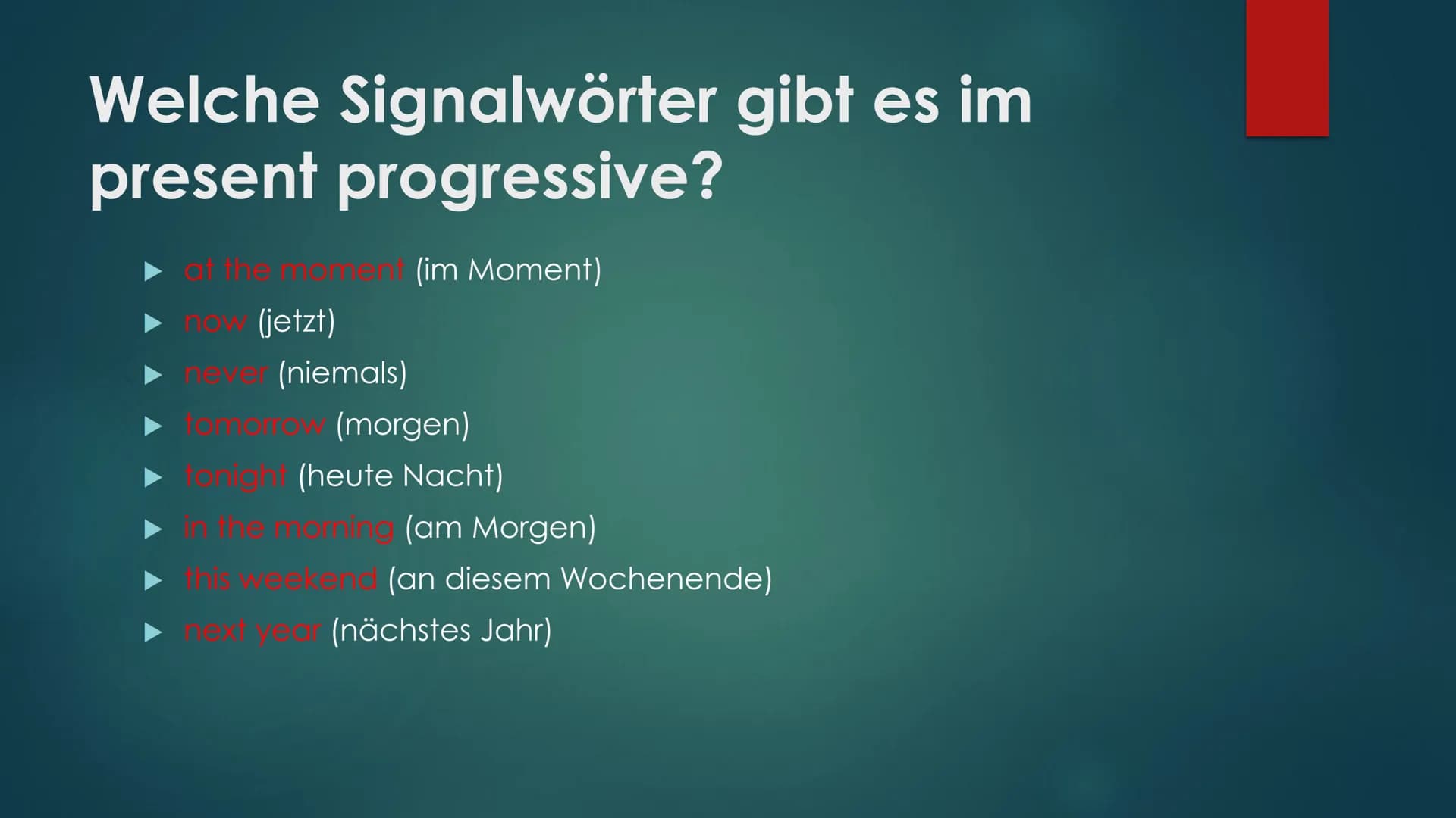 PRESENT
PROGRASSIVE Gliederung
► 1. Was ist das Present Progressive?
► 2. Wann wird Present Progressive verwendet?
▸
Zusammenfassung:
ze ich