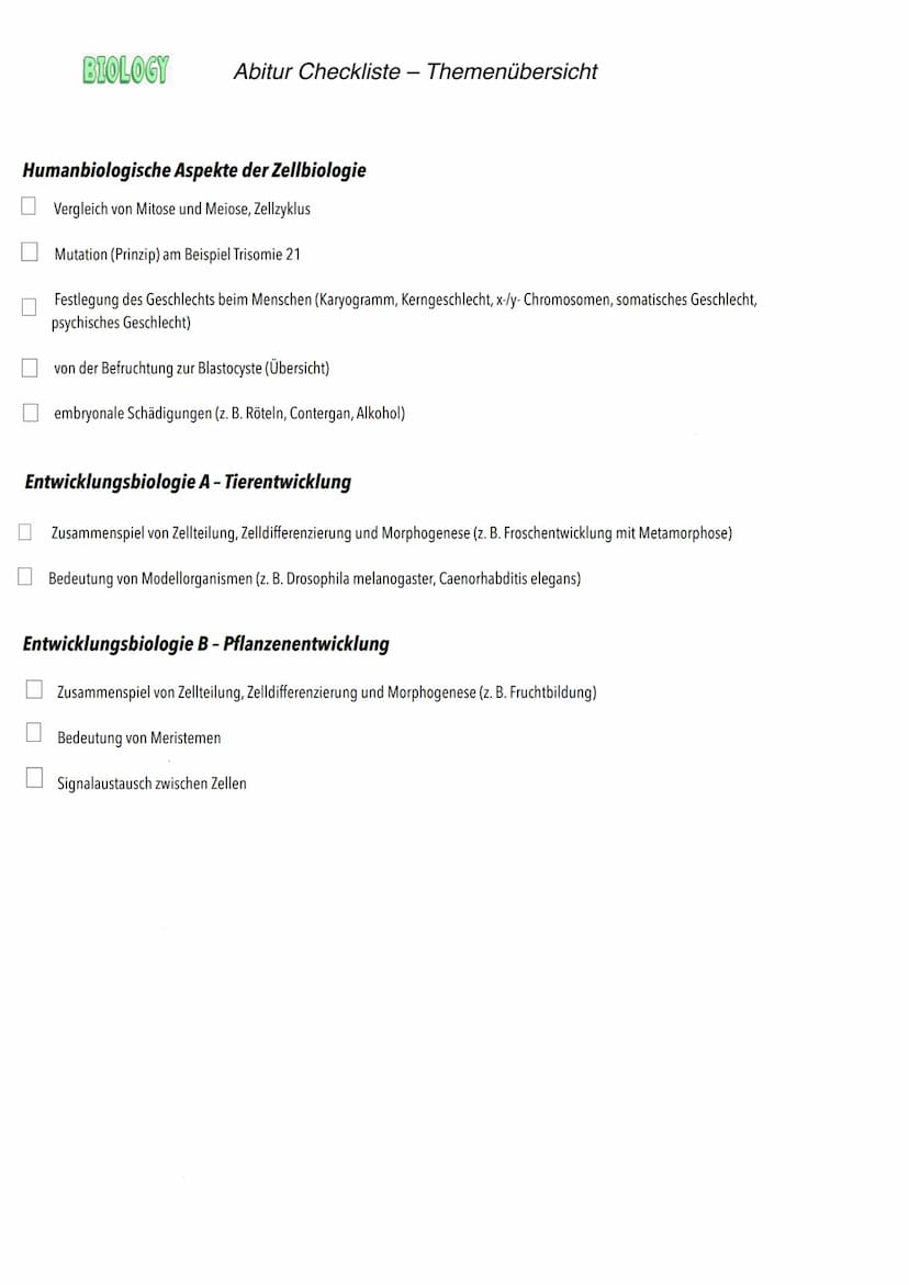 E-Phase
Zellbiologie BIOLOGY Abitur Checkliste - Themenübersicht
Struktur und Funktion von Zellen
Organisationsstufen und Kennzeichen des Le