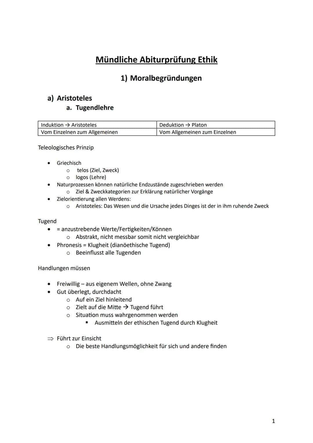 a) Aristoteles
Induktion → Aristoteles
Vom Einzelnen zum Allgemeinen
Teleologisches Prinzip
Tugend
a. Tugendlehre
Mündliche Abiturprüfung Et