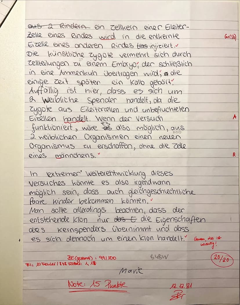 7
Ea/Biologie
Name:
Marie
1. Biologieklausur: Zellbiologie
Bearbeitungszeit: 90 min
Es sind keine Hilfsmittel zugelassen.
Zelltypen und Zell