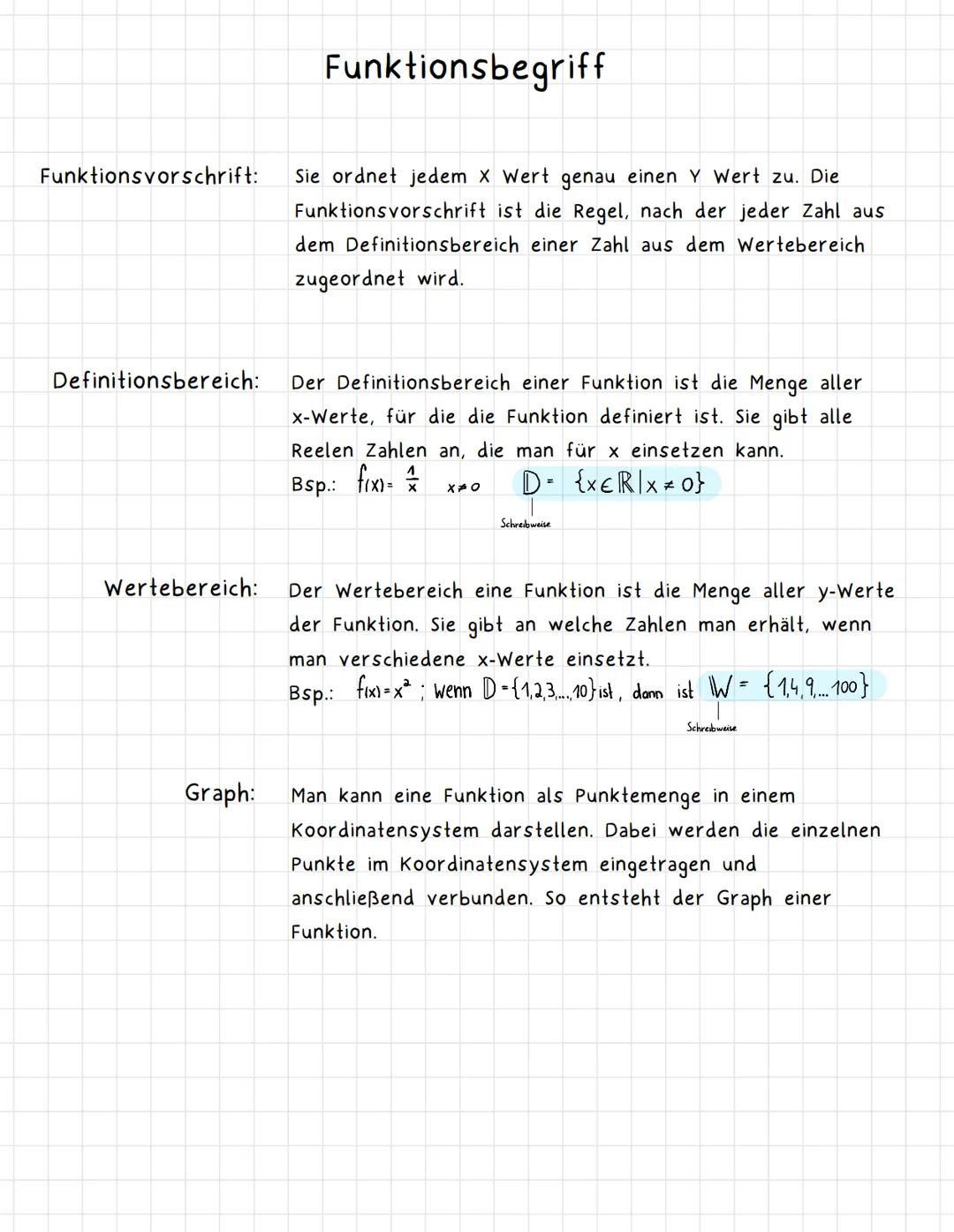 Funktionsvorschrift:
Definitionsbereich:
Funktionsbegriff
Graph:
Sie ordnet jedem X Wert genau einen Y Wert zu. Die
Funktionsvorschrift ist 