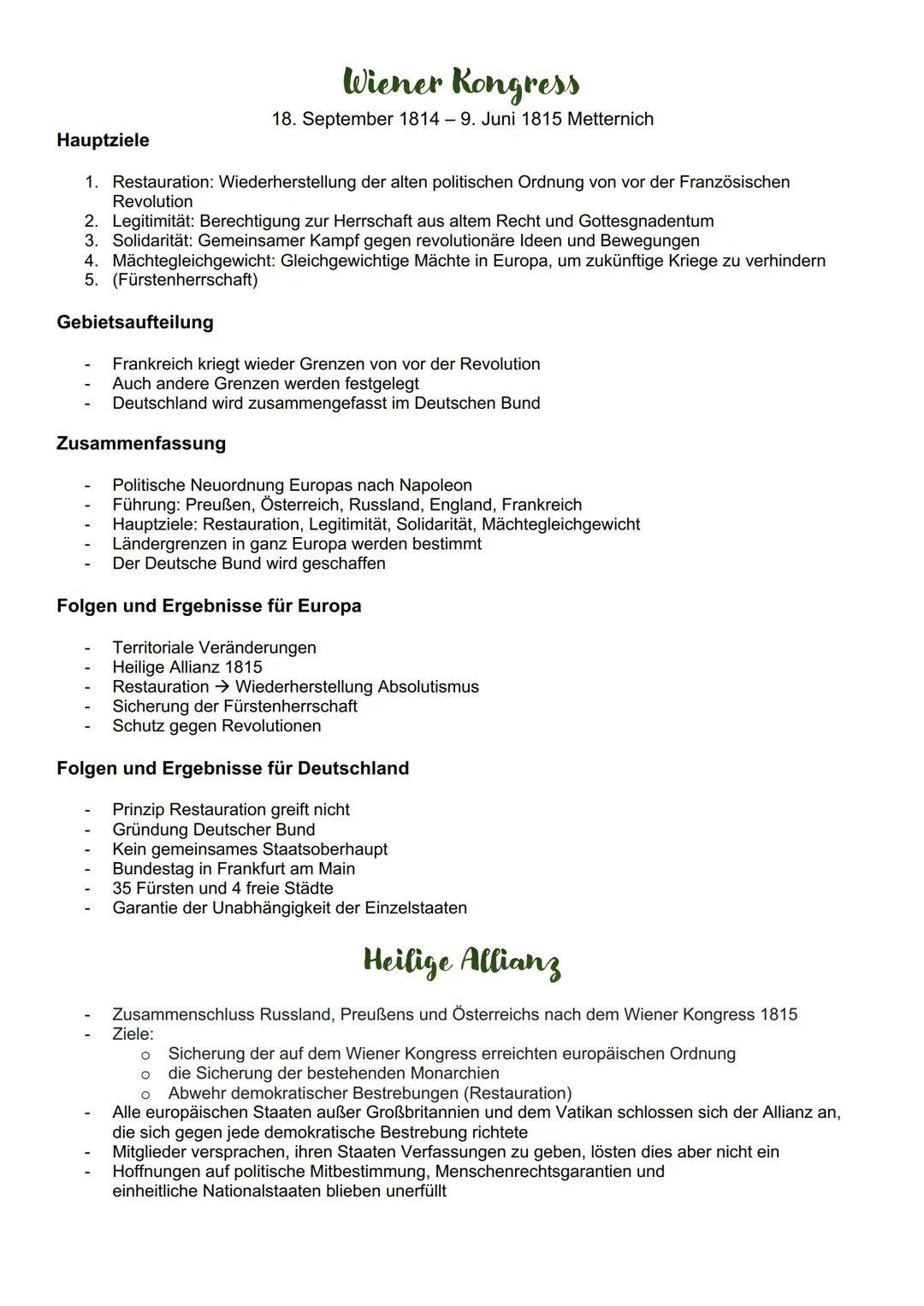 Hauptziele
1. Restauration: Wiederherstellung der alten politischen Ordnung von vor der Französischen
Revolution
2. Legitimität: Berechtigun
