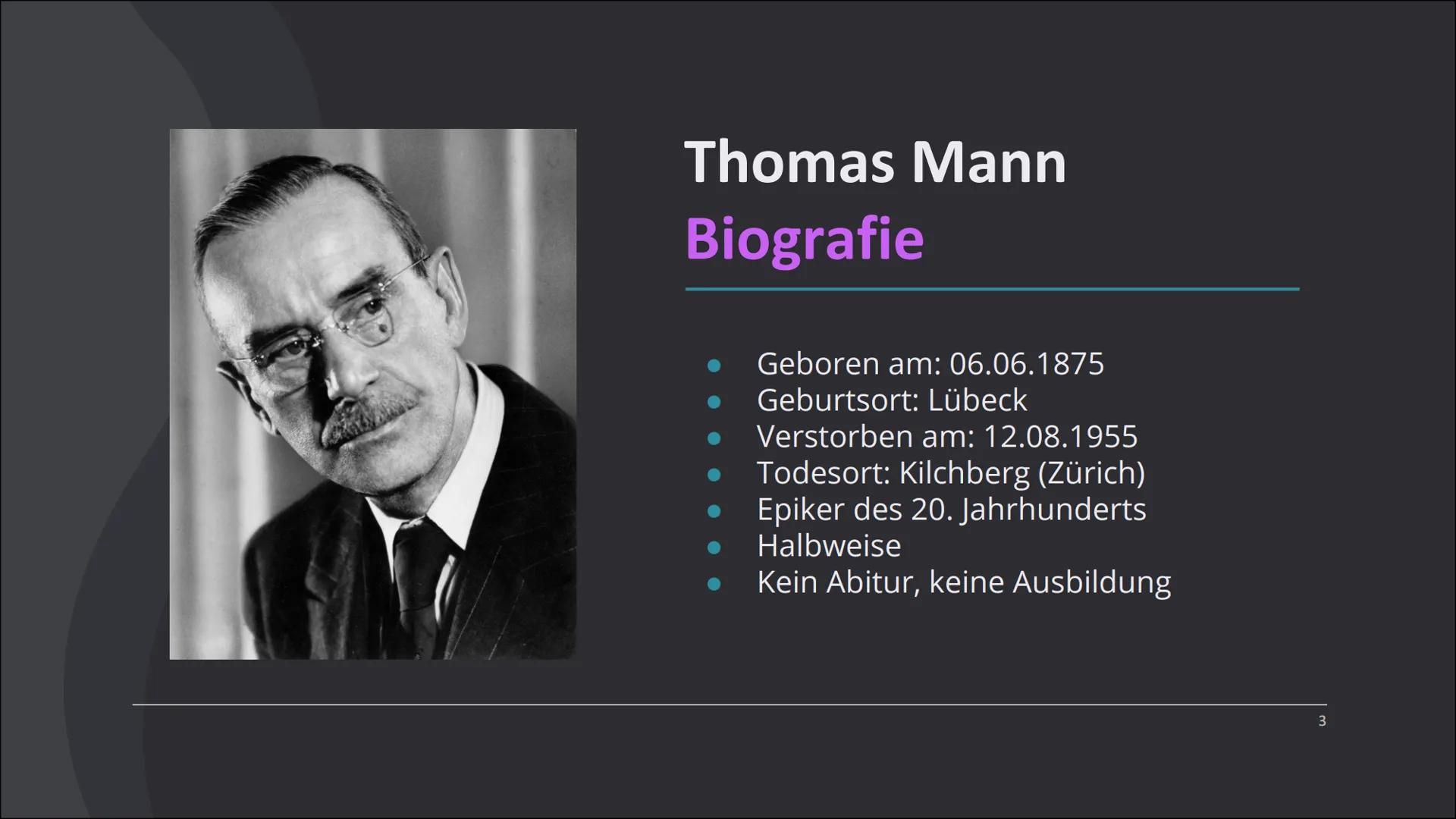 Thomas Mann
Der Tod in Venedig Gliederung
1.
2.
3.
4.
5.
Biografie
Lebenslauf
Inhalt
Zusammenhänge mit der Epoche
Quellen
2 Thomas Mann
Biog