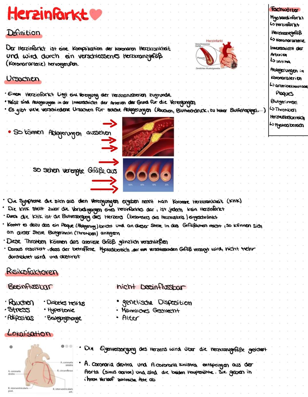 # Herzinfarkt

Definition

Der Herzinfarkt ist eine Komplikation der koronaren Herzkrankheit
und wird durch ein verschlossenes Herzkranzgefä