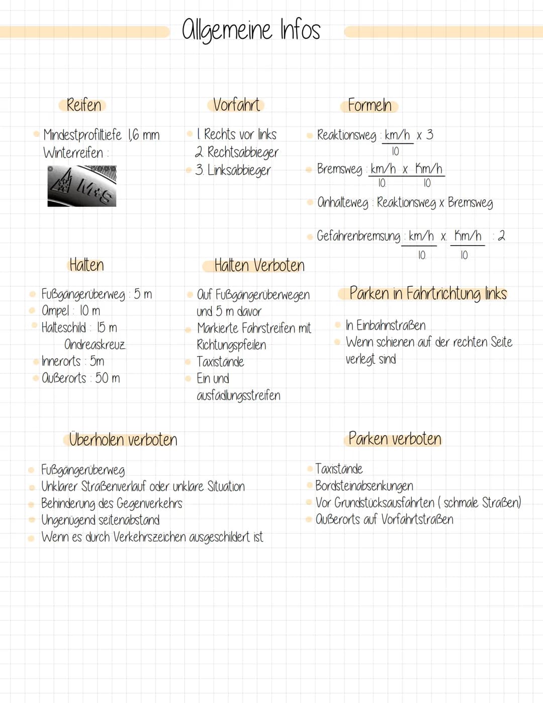 Reifen
Mindestprofitiefe 16 mm
Winterreifen
M&S
Halten
Fußgängerüberweg: 5m
Ampel: 10 m
Halteschild: 15 m
Andreaskreuz
Innerorts: 5m
außeror