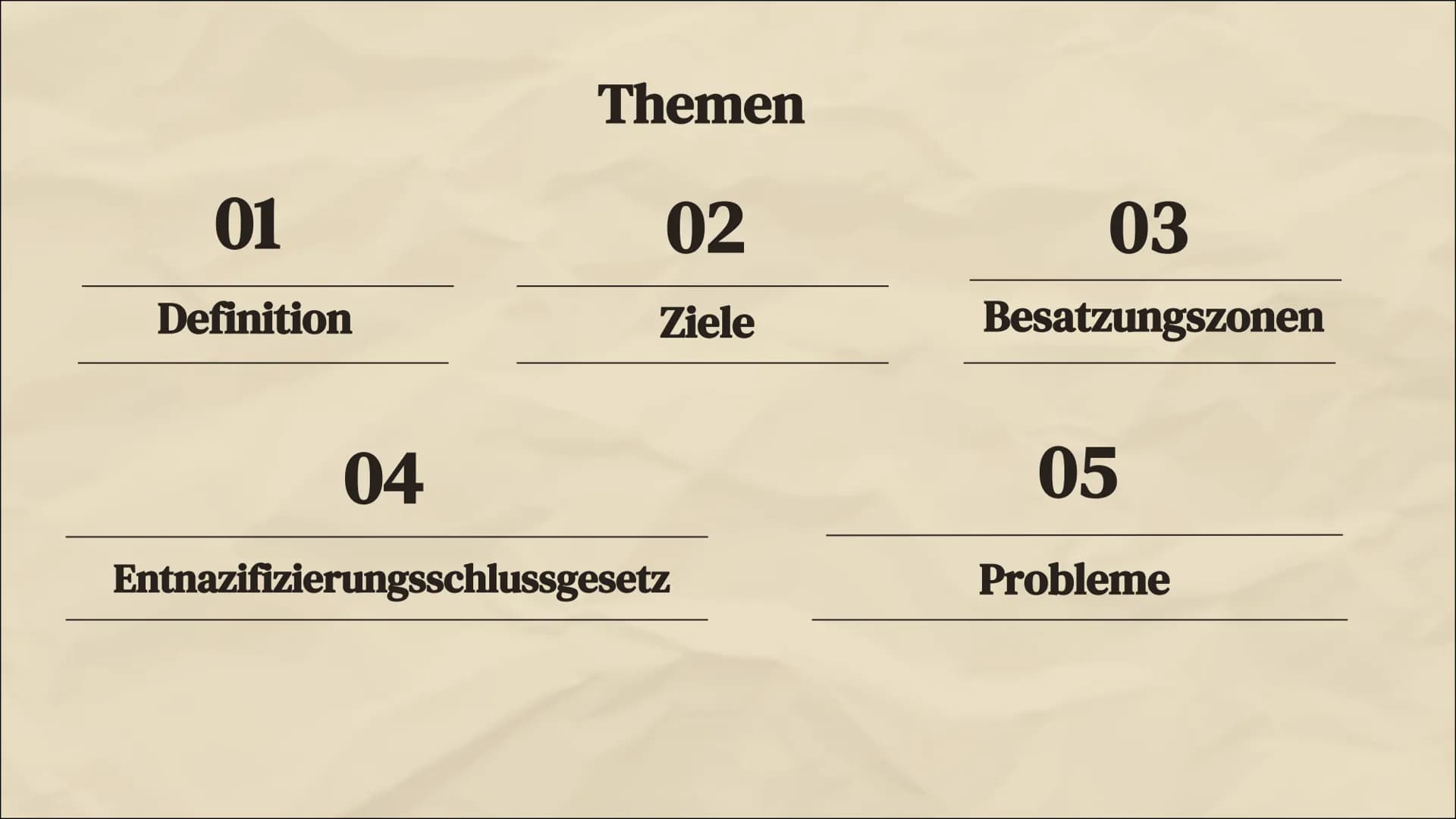 Entnazifizierung 01
Definition
Themen
02
Ziele
04
Entnazifizierungsschlussgesetz
03
Besatzungszonen
05
Probleme 01
Definition Definition
Pol
