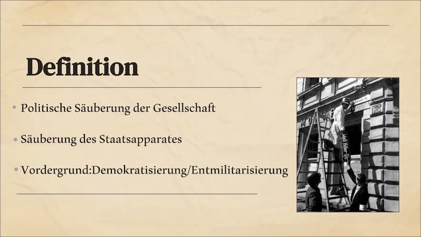 Entnazifizierung 01
Definition
Themen
02
Ziele
04
Entnazifizierungsschlussgesetz
03
Besatzungszonen
05
Probleme 01
Definition Definition
Pol