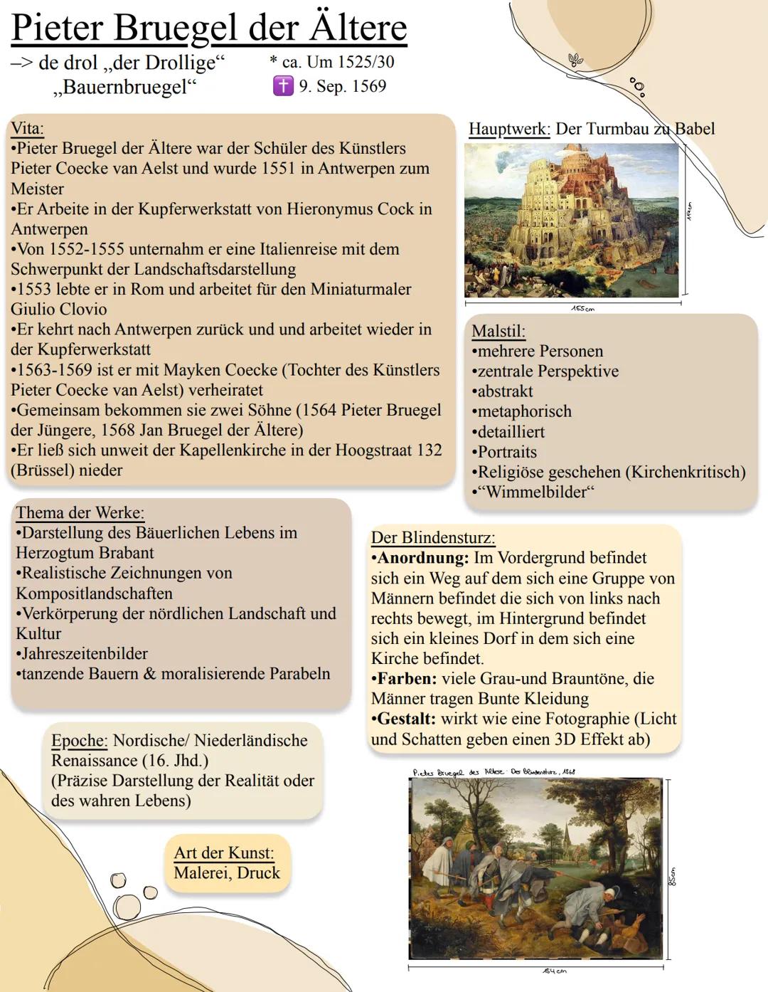 Pieter Bruegel der Ältere
* ca. Um 1525/30
-> de drol ,,der Drollige"
,,Bauernbruegel"
+9. Sep. 1569
Vita:
•Pieter Bruegel der Ältere war de