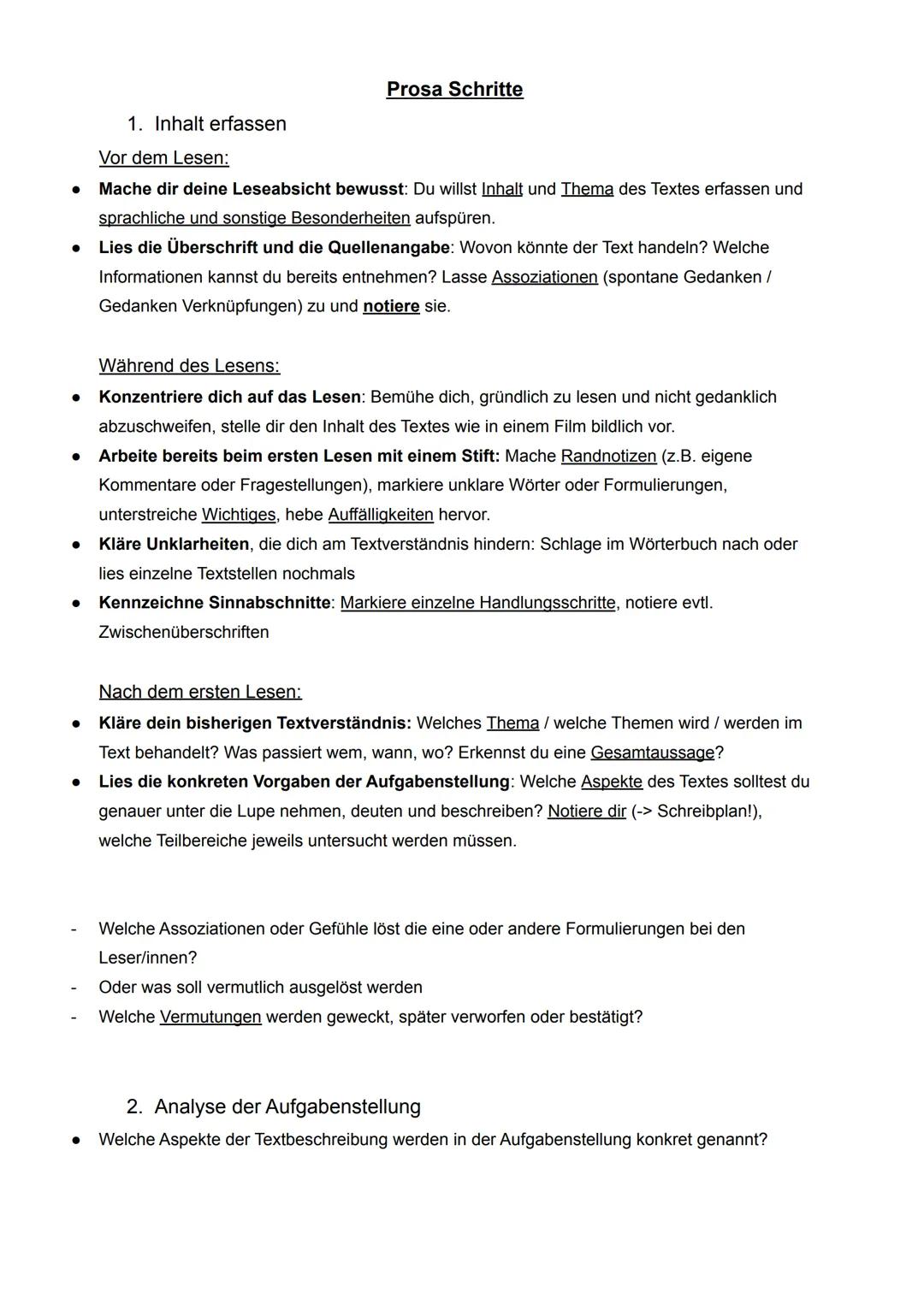 ●
1. Inhalt erfassen
●
Prosa Schritte
Vor dem Lesen:
Mache dir deine Leseabsicht bewusst: Du willst Inhalt und Thema des Textes erfassen und