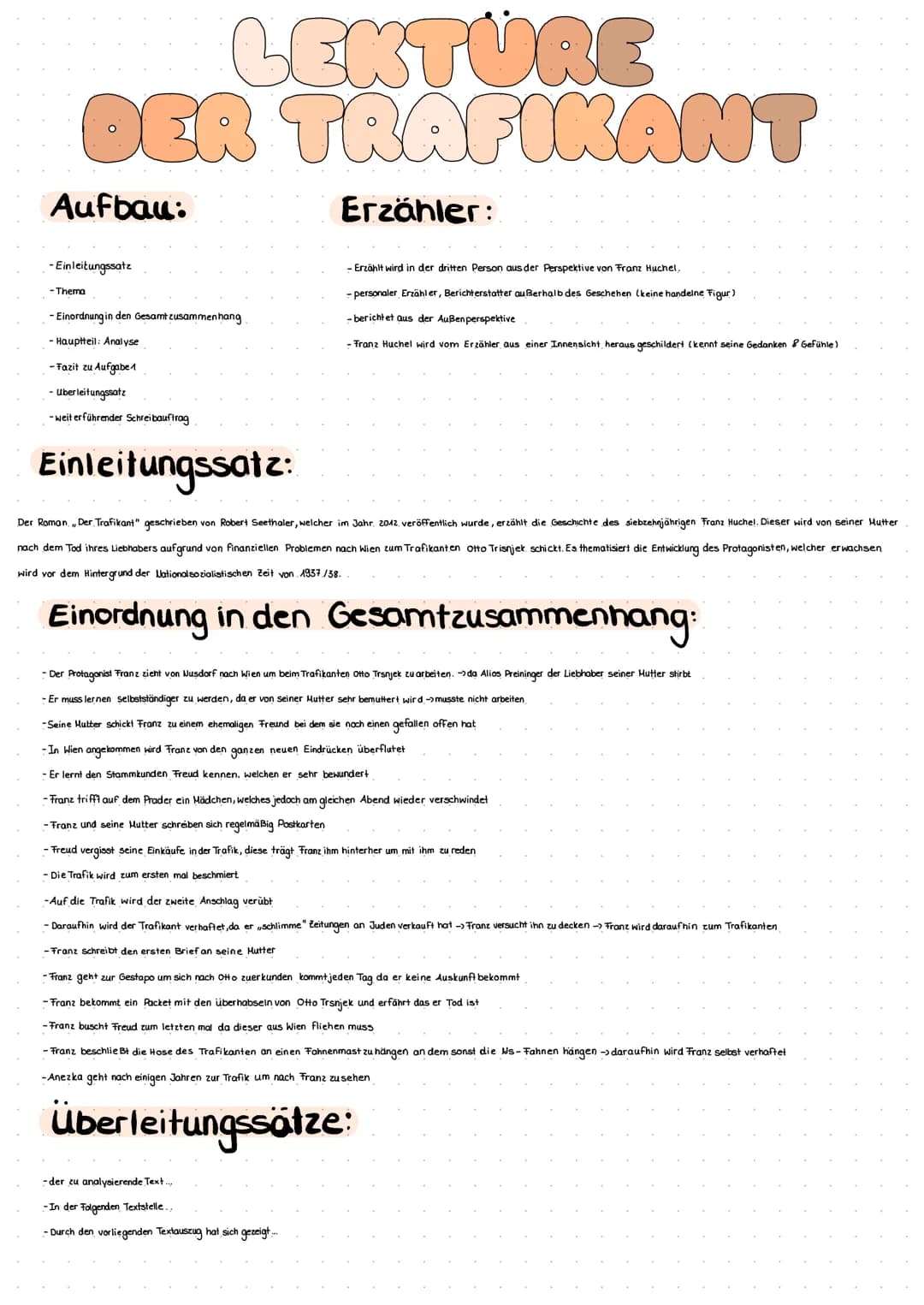 LEKTURE
DER TRAFIKANT
Aufbau:
-Einleitungssatz
-Thema
- Einordnung in den Gesamtzusammenhang
- Hauptteil: Analyse
-Fazit zu Aufgabe 1
- Uber