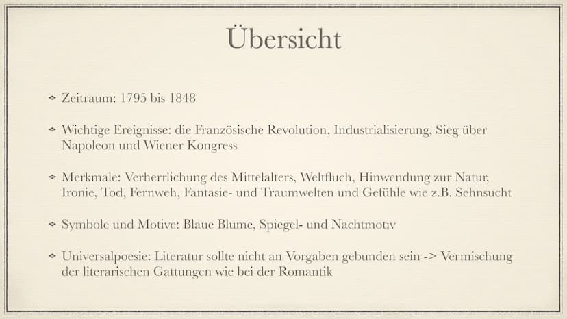 Die literarische Epoche der
Romantik
Aliya Yesil → Begriffserklärung
→ Zeitliche Einordnung (Phasen)
→ Historische Hintergründe
→ Merkmale
S
