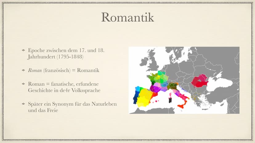 Die literarische Epoche der
Romantik
Aliya Yesil → Begriffserklärung
→ Zeitliche Einordnung (Phasen)
→ Historische Hintergründe
→ Merkmale
S