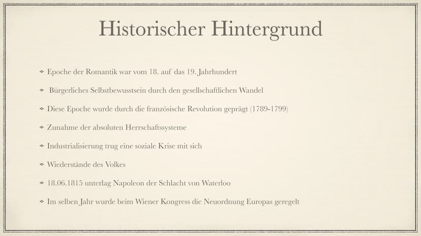 Die literarische Epoche der
Romantik
Aliya Yesil → Begriffserklärung
→ Zeitliche Einordnung (Phasen)
→ Historische Hintergründe
→ Merkmale
S