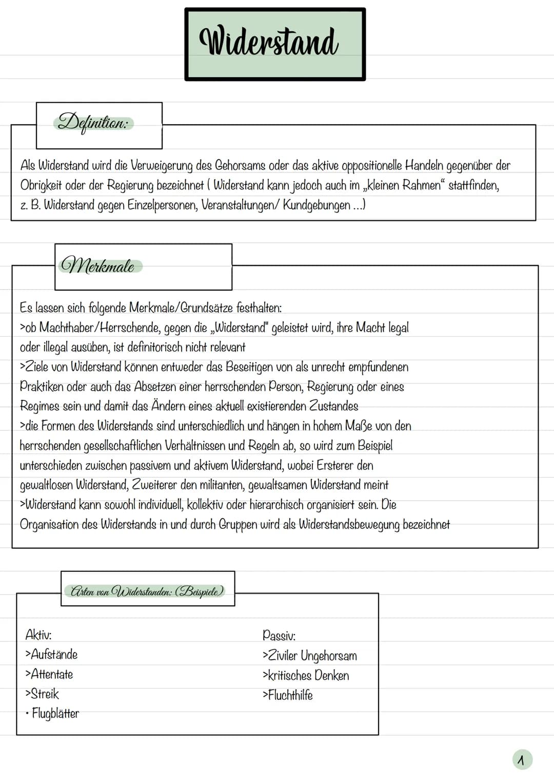 Definition:
Als Widerstand wird die Verweigerung des Gehorsams oder das aktive oppositionelle Handeln gegenüber der
Obrigkeit oder der Regie