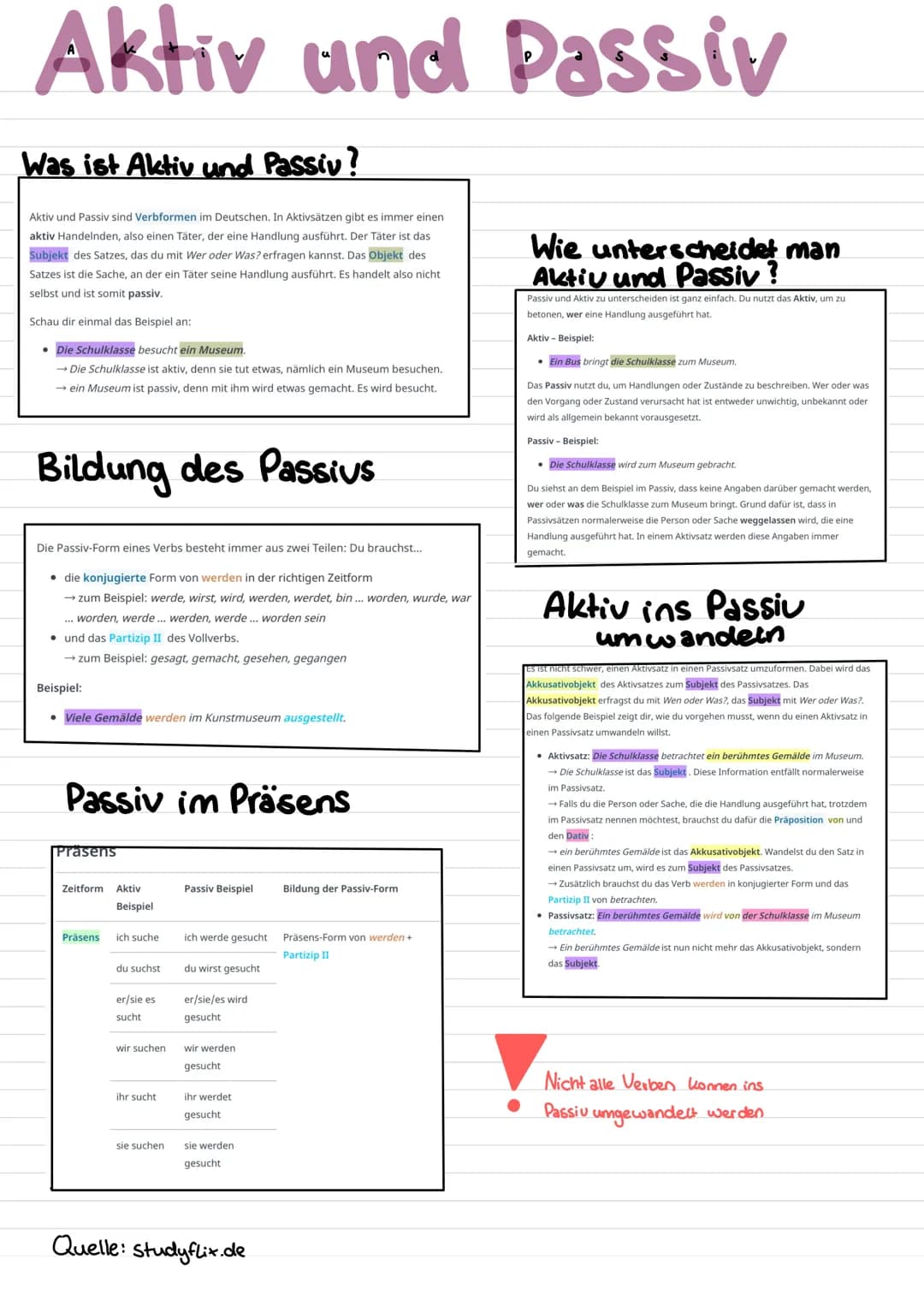 Aktiv und Passiv
Was ist Aktiv und Passiv?
Aktiv und Passiv sind Verbformen im Deutschen. In Aktivsätzen gibt es immer einen
aktiv Handelnde