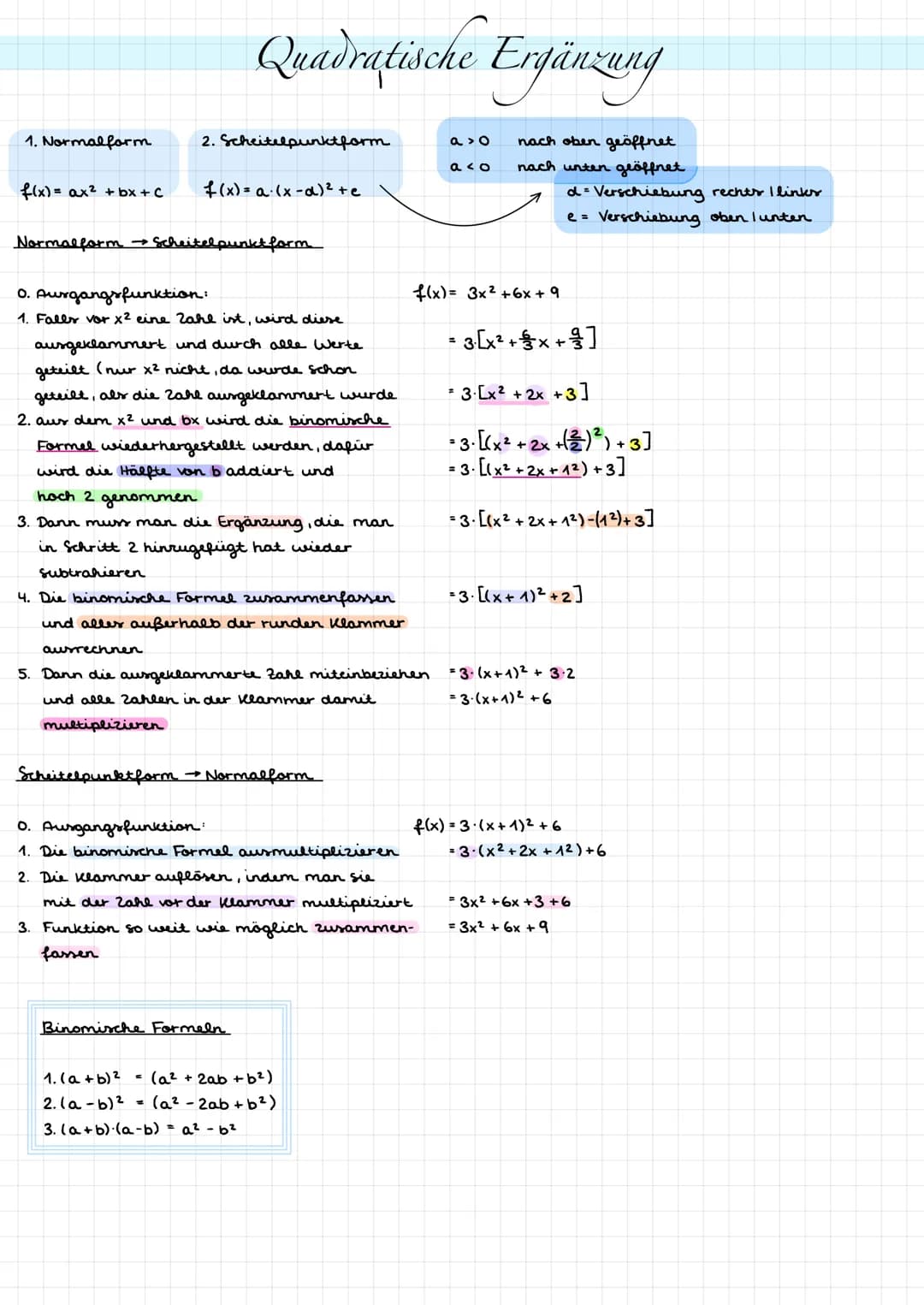 1. Normalform
f(x) = ax² + bx + C
Quadratische Ergänzung
2. Scheitelpunktform
f(x)= a (x-α)² te
Normalform → Scheitelpunkt form
0. Aurgangsf