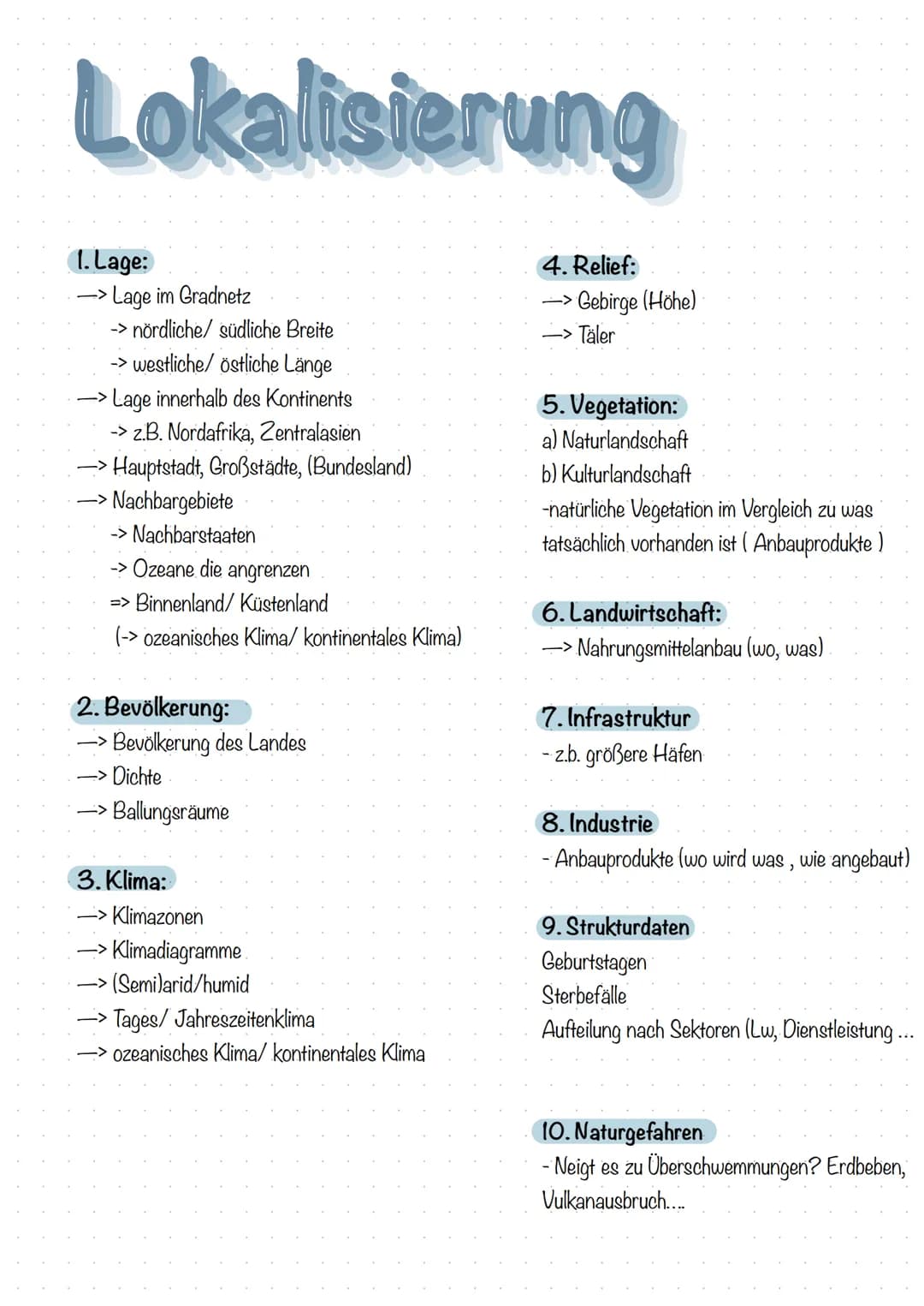 Lokalisierung
1. Lage:
-> Lage im Gradnetz
-> nördliche/ südliche Breite
-> westliche/östliche Länge
Lage innerhalb des Kontinents
-> z.B. N
