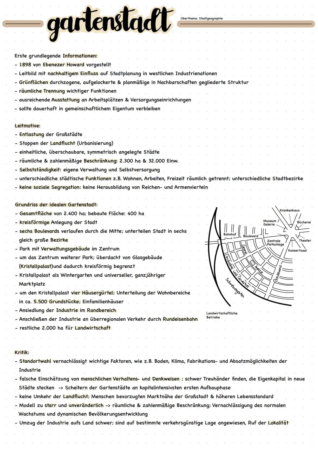 gartenstadt
Oberthema: Stadtgeographie
Erste grundlegende Informationen:
- 1898 von Ebenezer Howard vorgestellt
- Leitbild mit nachhaltigem 