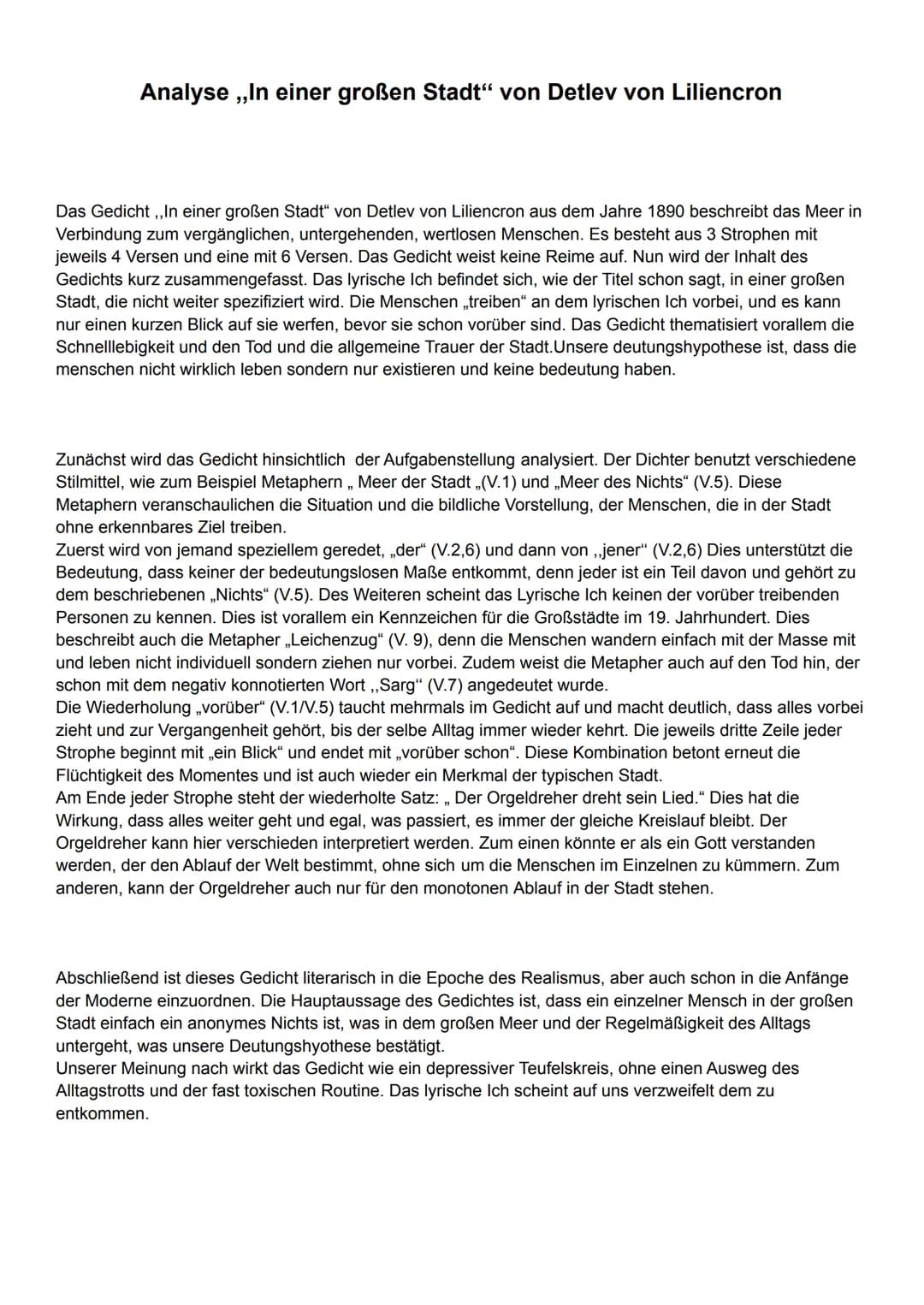 Analyse ,,In einer großen Stadt" von Detlev von Liliencron
Das Gedicht,,In einer großen Stadt" von Detlev von Liliencron aus dem Jahre 1890 