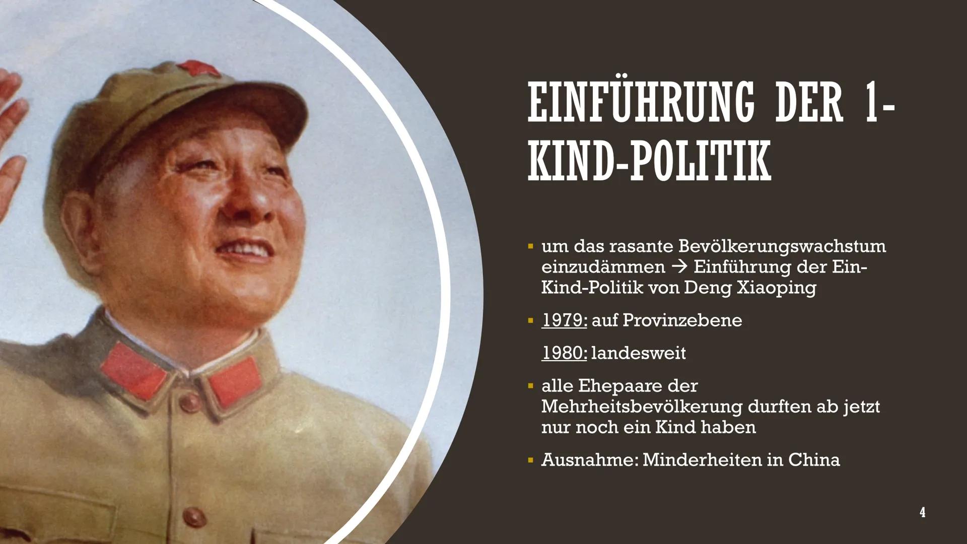 DIE 1-KIND-POLITIK DER
VOLKSREPUBLIK CHINA
Erstellt von Süleyman Kücükbiyik INHALTSVERZEICHNIS
Vorgeschichte
Durchsetzung
Maßnahmen
Demograf